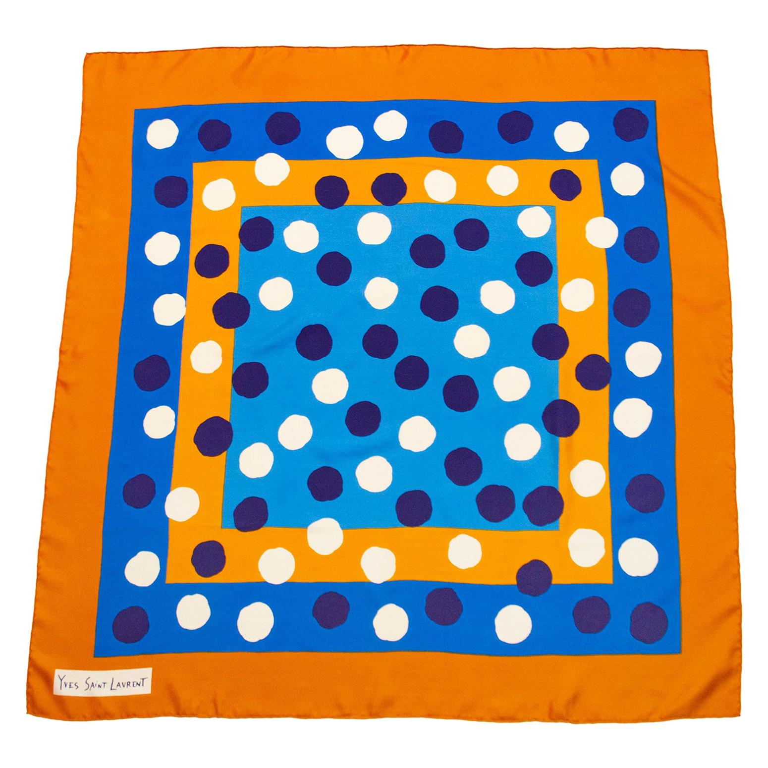 Mod Golden Scarf with Orange,Blue and Black Dotted Pattern.