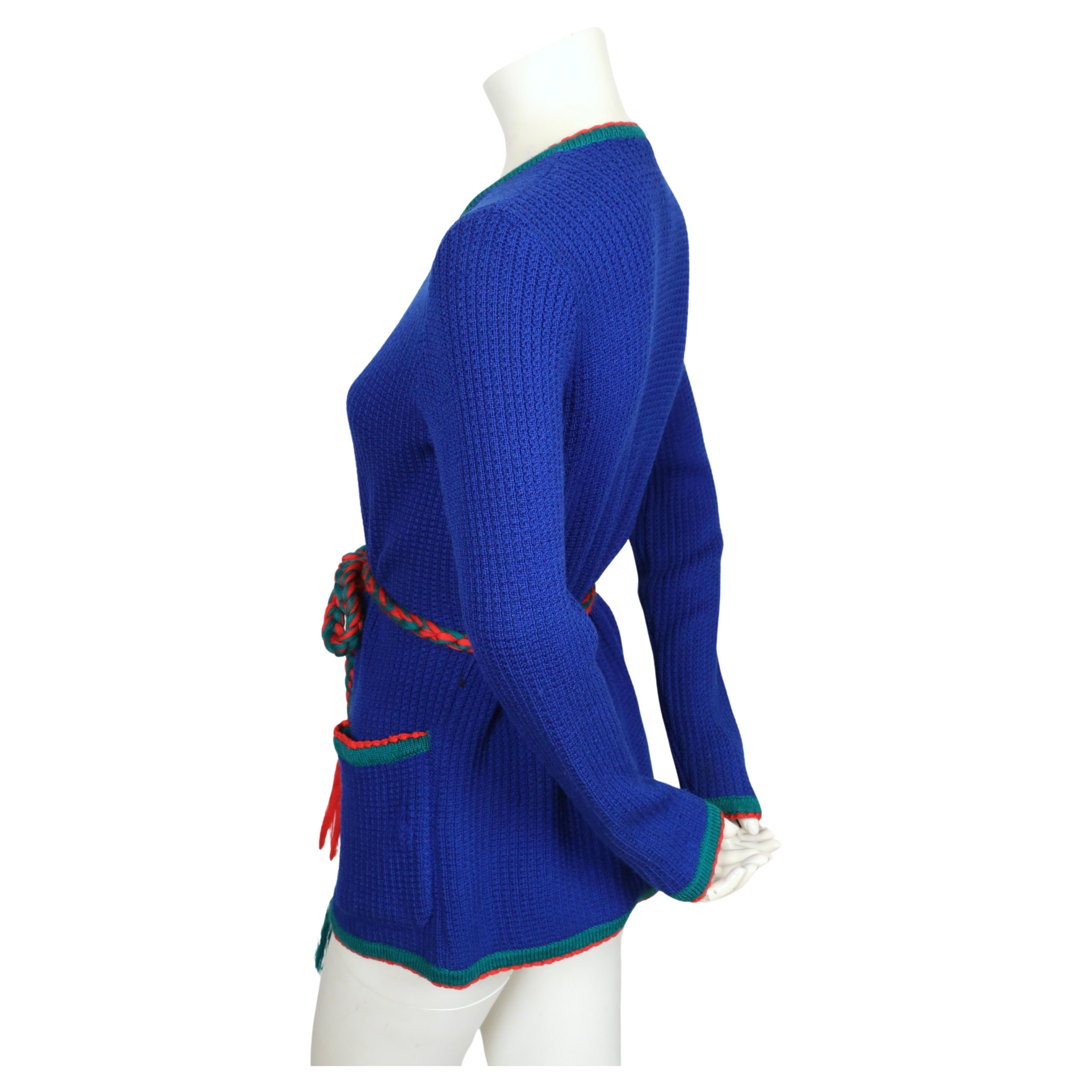 Women's or Men's 1970's YVES SAINT LAURENT blue ribbed cardigan sweater with braided belt For Sale