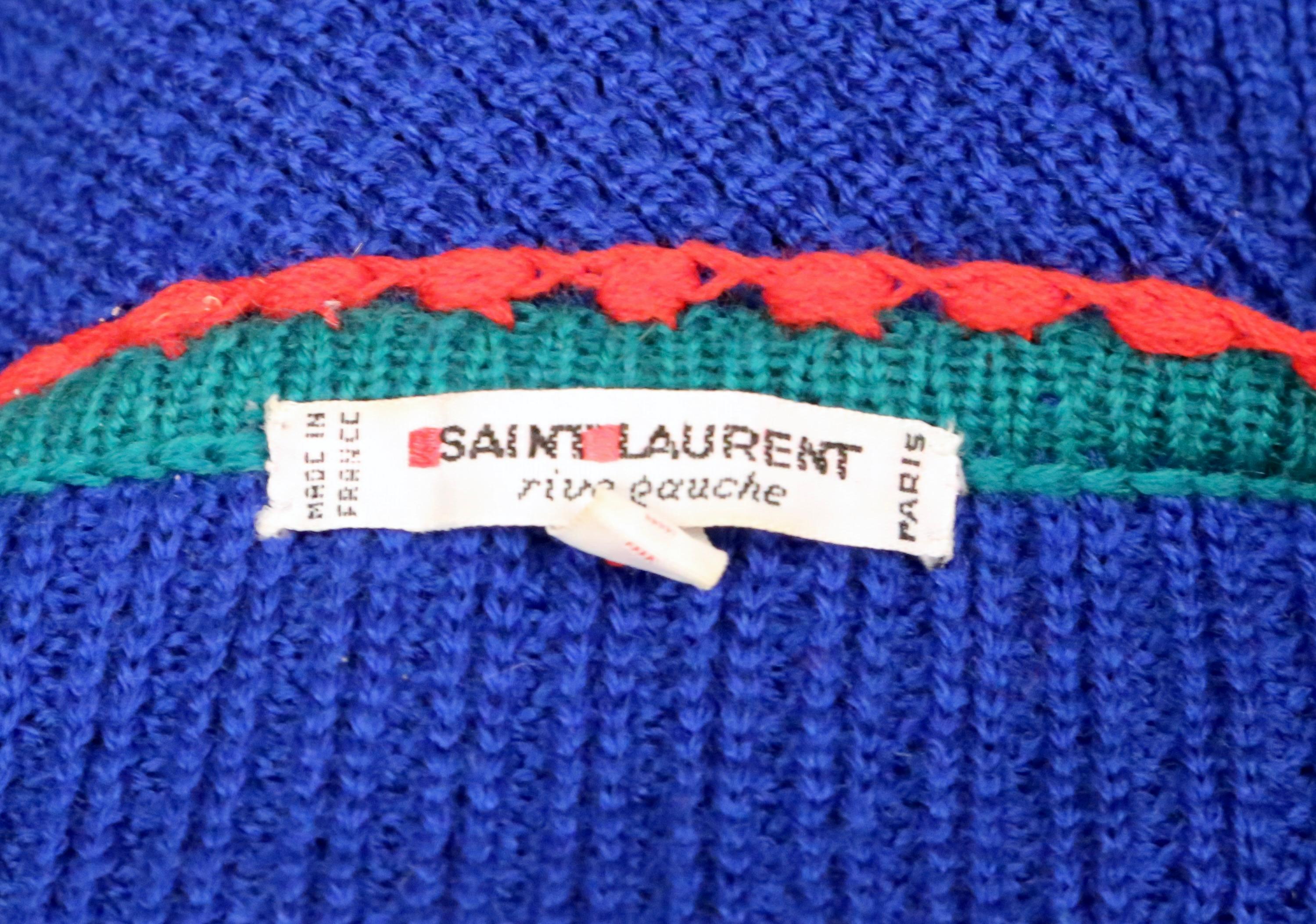 1970's YVES SAINT LAURENT blue ribbed cardigan sweater with braided belt For Sale 4