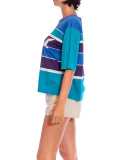 1970S YVES SAINT LAURENT Blue & Teal Cotton Jersey Rare Seashore Print T-Shirt