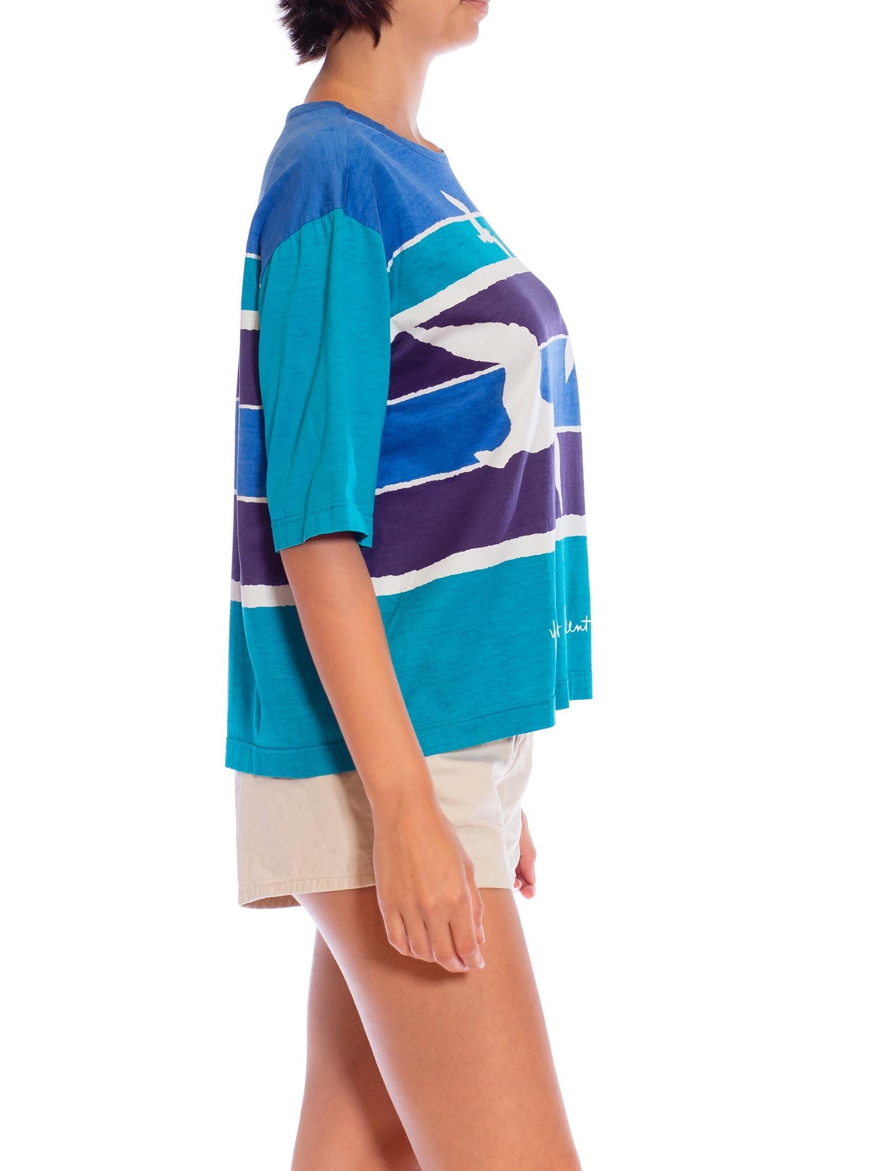 Women's 1970S YVES SAINT LAURENT Blue & Teal Cotton Jersey Rare Seashore Print T-Shirt For Sale