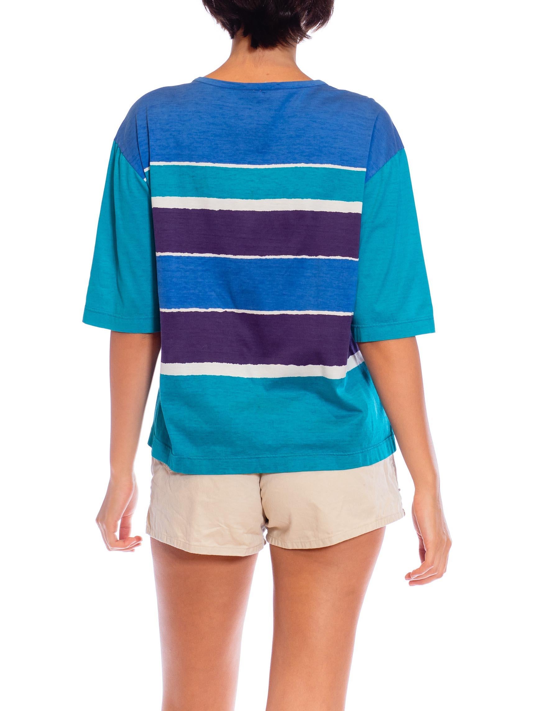 1970S YVES SAINT LAURENT Blue & Teal Cotton Jersey Rare Seashore Print T-Shirt For Sale 1