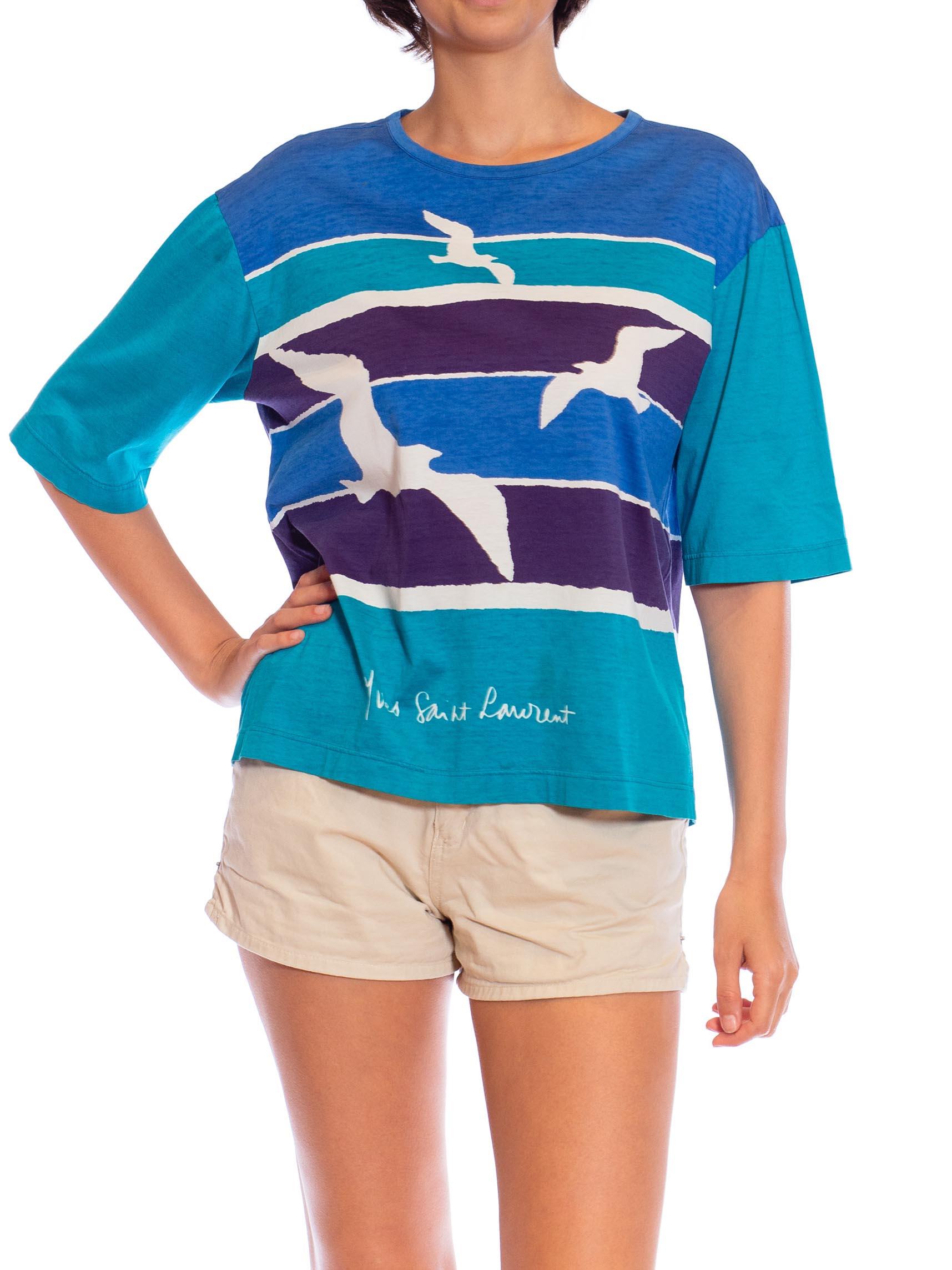 1970S YVES SAINT LAURENT Blue & Teal Cotton Jersey Rare Seashore Print T-Shirt For Sale 4
