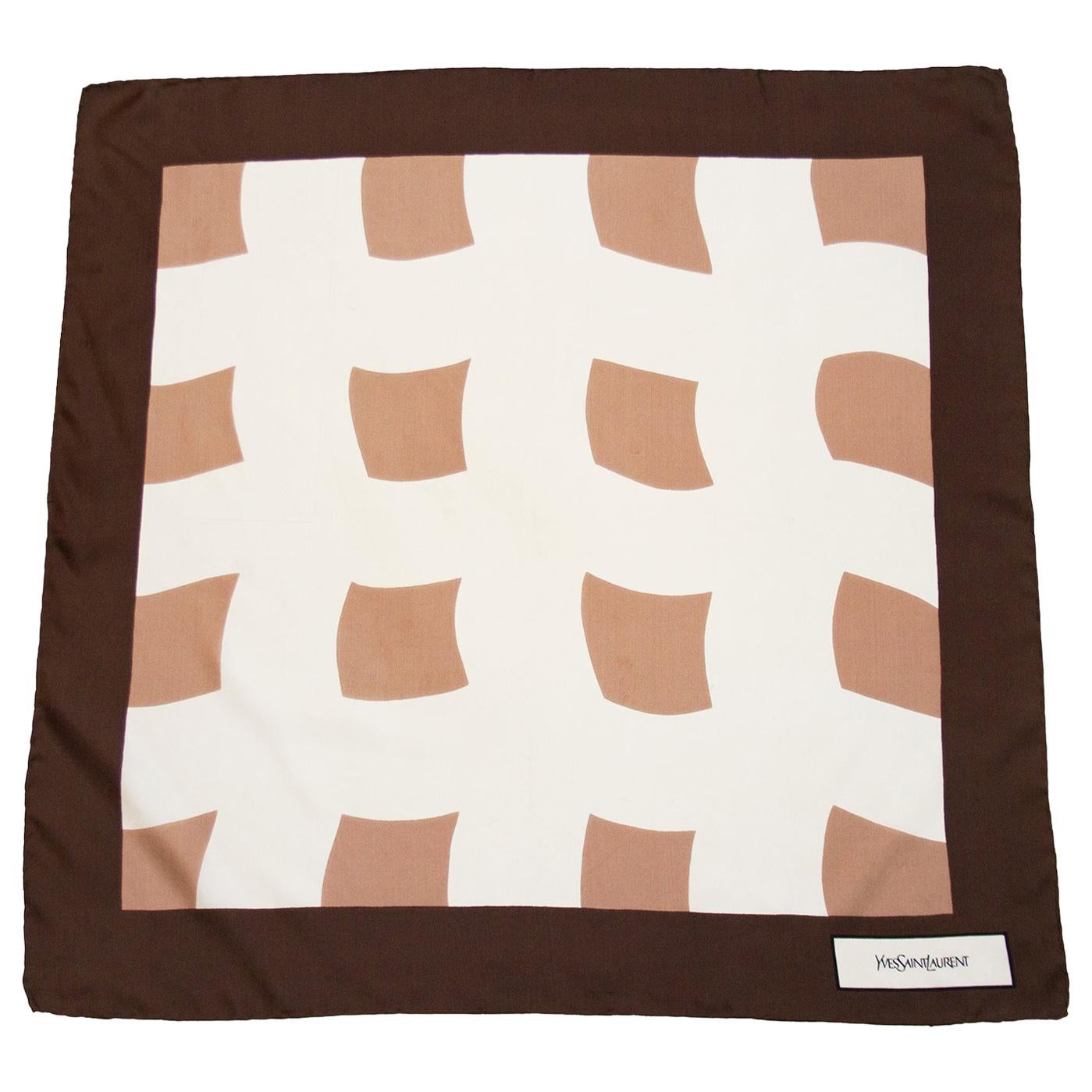 1970s Yves Saint Laurent Brown and Cream Silk Scarf 