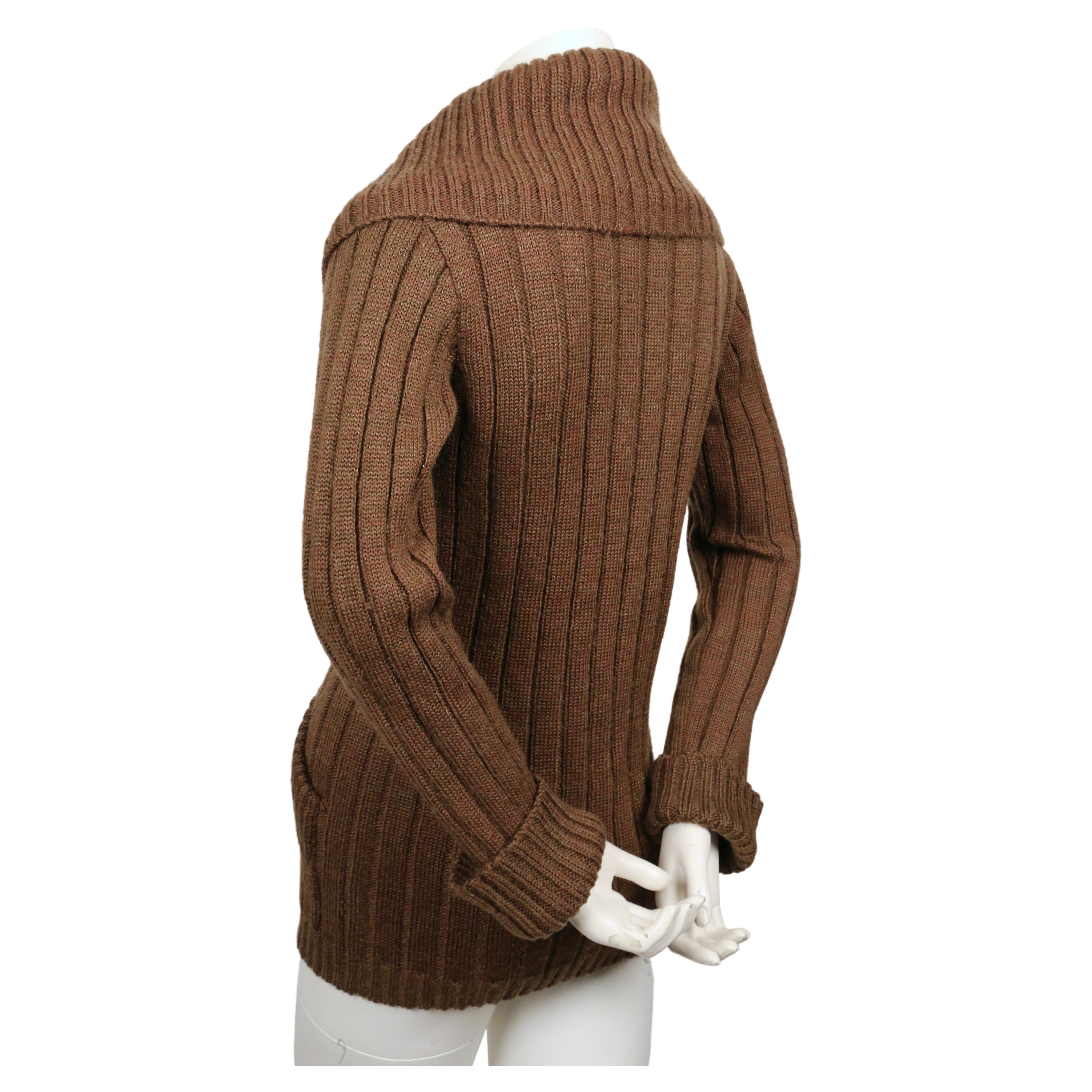 Women's or Men's 1970's YVES SAINT LAURENT brown ribbed cardigan sweater with shawl collar