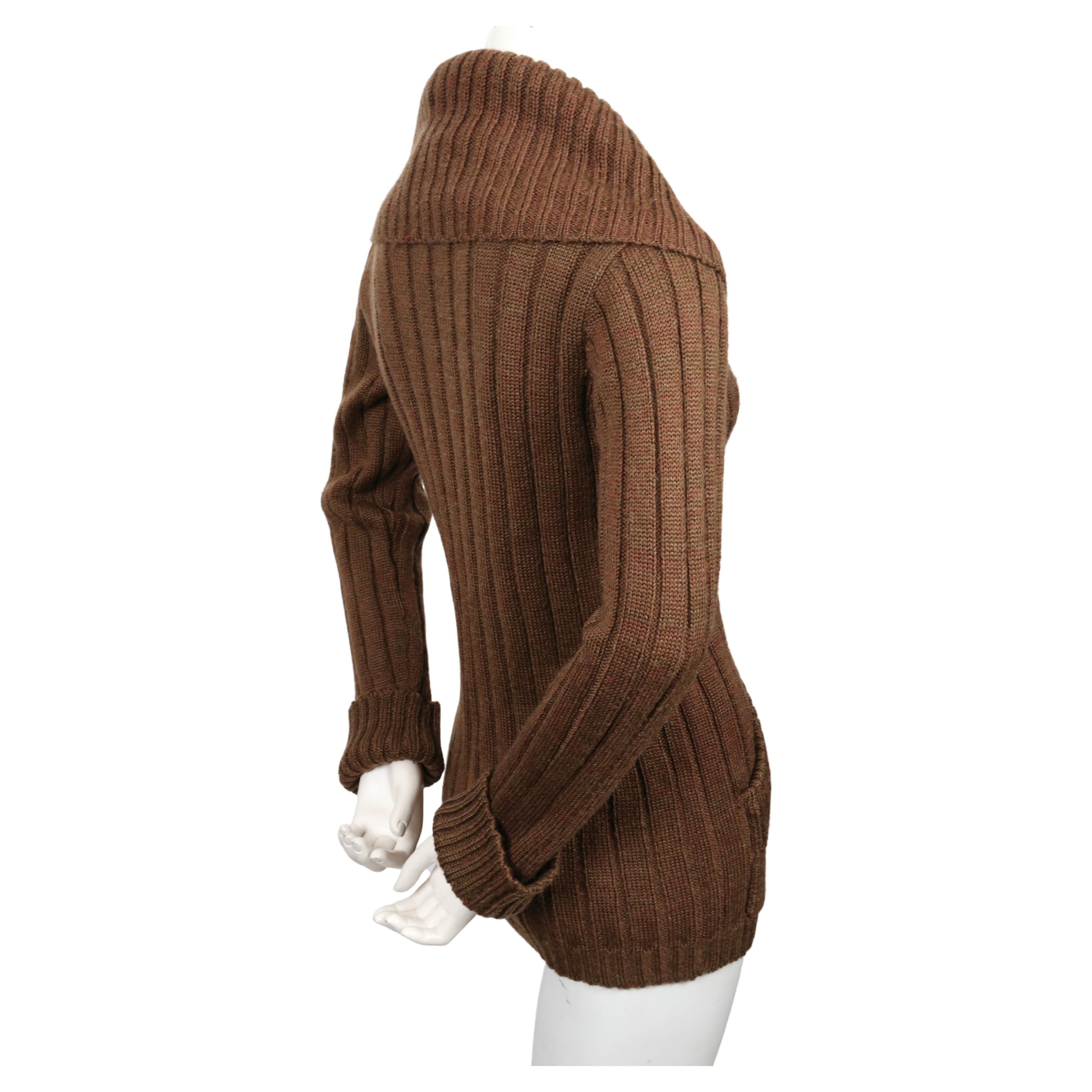 1970's YVES SAINT LAURENT brown ribbed cardigan sweater with shawl collar 2