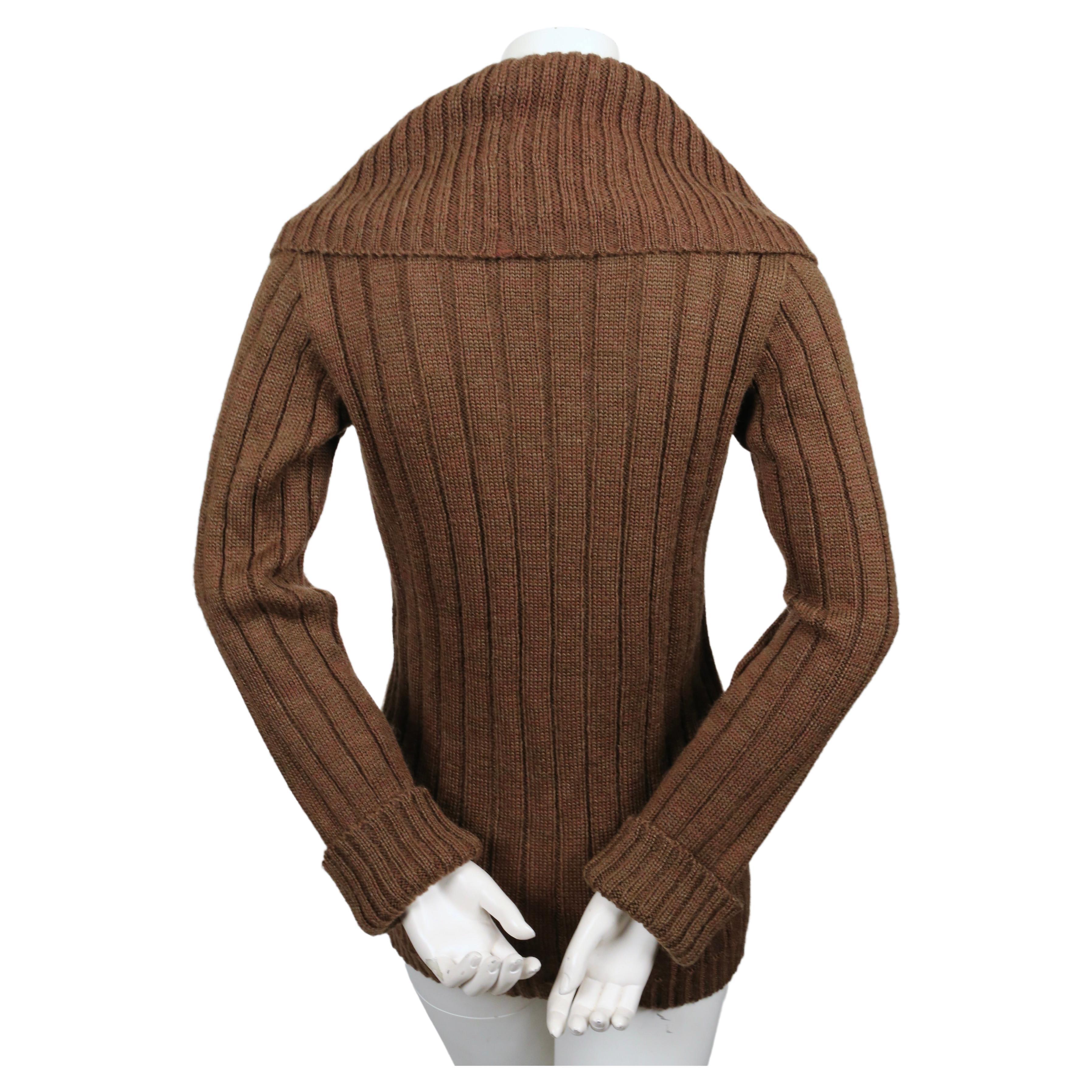 1970's YVES SAINT LAURENT brown ribbed cardigan sweater with shawl collar 3