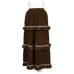 1977 YVES SAINT LAURENT brown wool maxi RUNWAY skirt with fringed trim