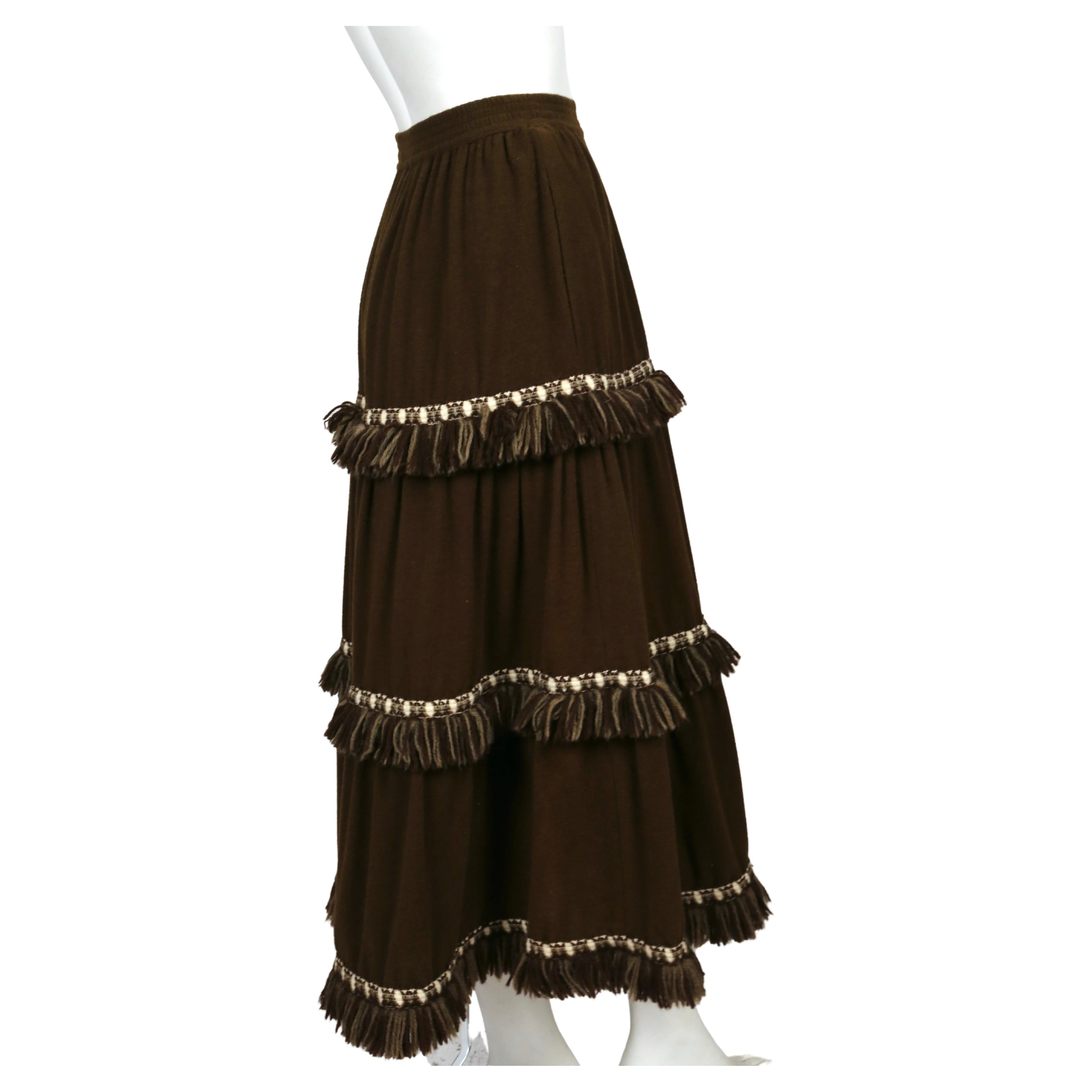 1970's YVES SAINT LAURENT brown wool maxi skirt with fringed trim In Good Condition For Sale In San Fransisco, CA