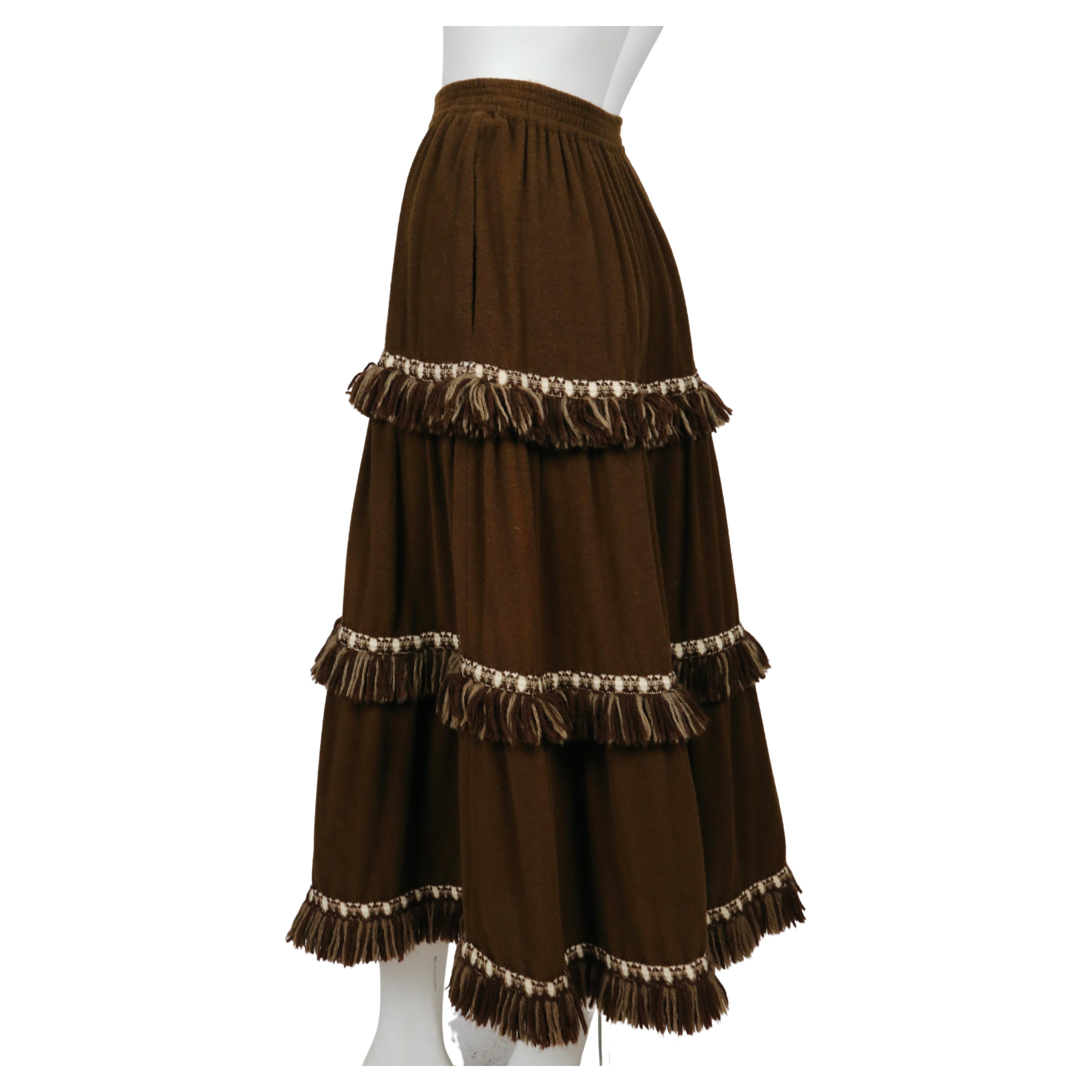 Women's or Men's 1970's YVES SAINT LAURENT brown wool maxi skirt with fringed trim For Sale