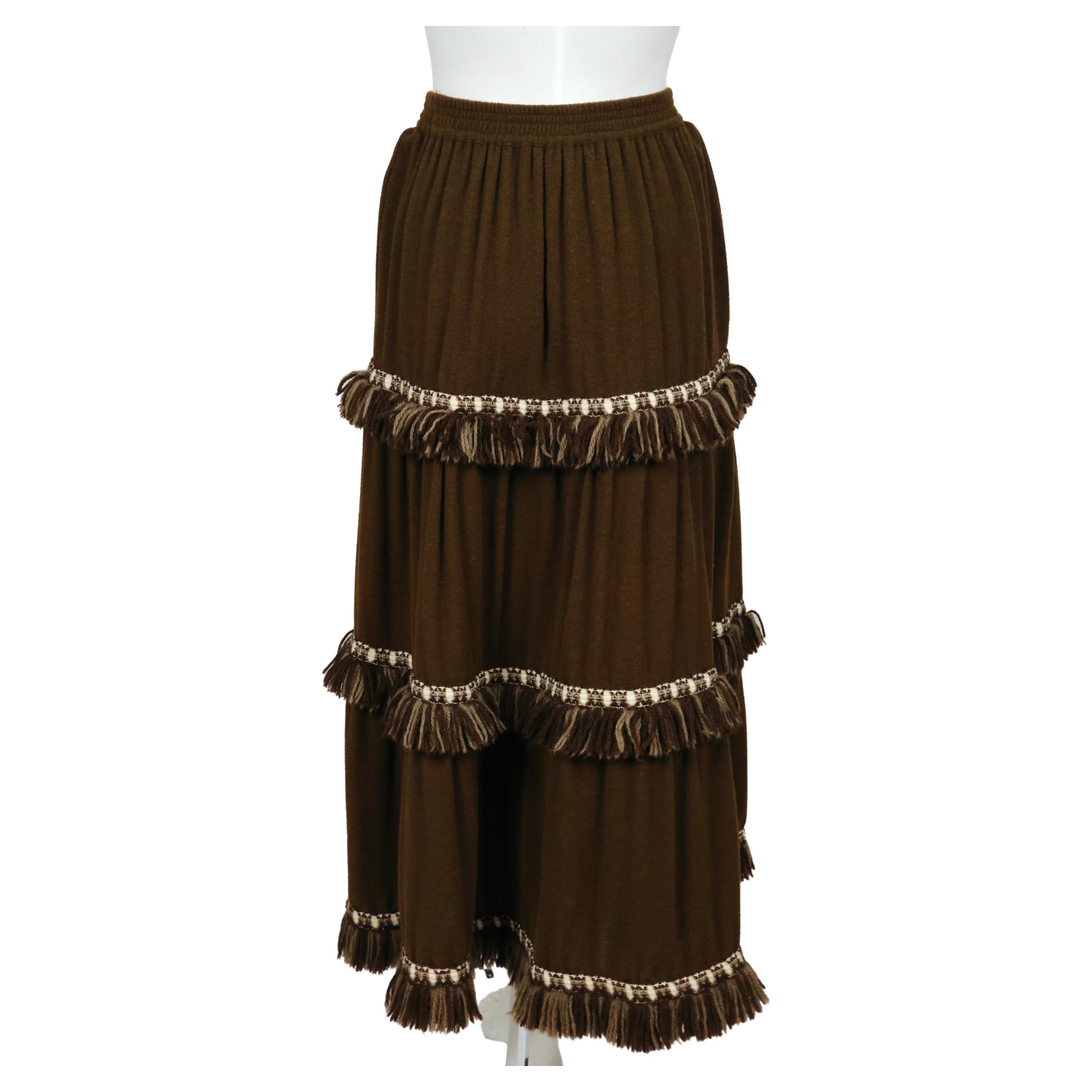 1970's YVES SAINT LAURENT brown wool maxi skirt with fringed trim For Sale 1
