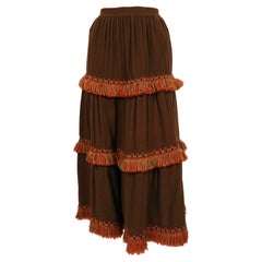 1970's YVES SAINT LAURENT brown wool maxi skirt with fringed trim