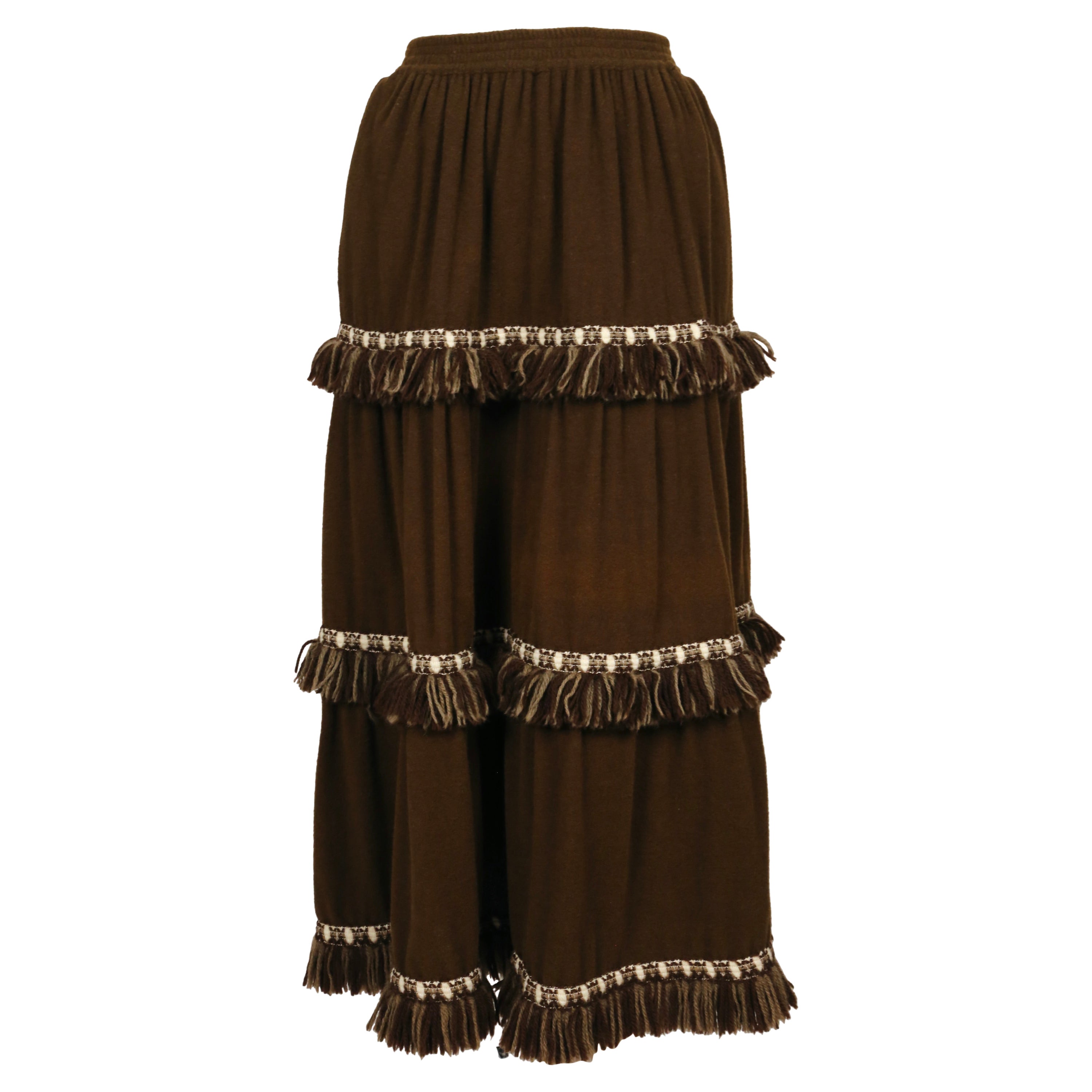1970's YVES SAINT LAURENT brown wool maxi skirt with fringed trim For Sale