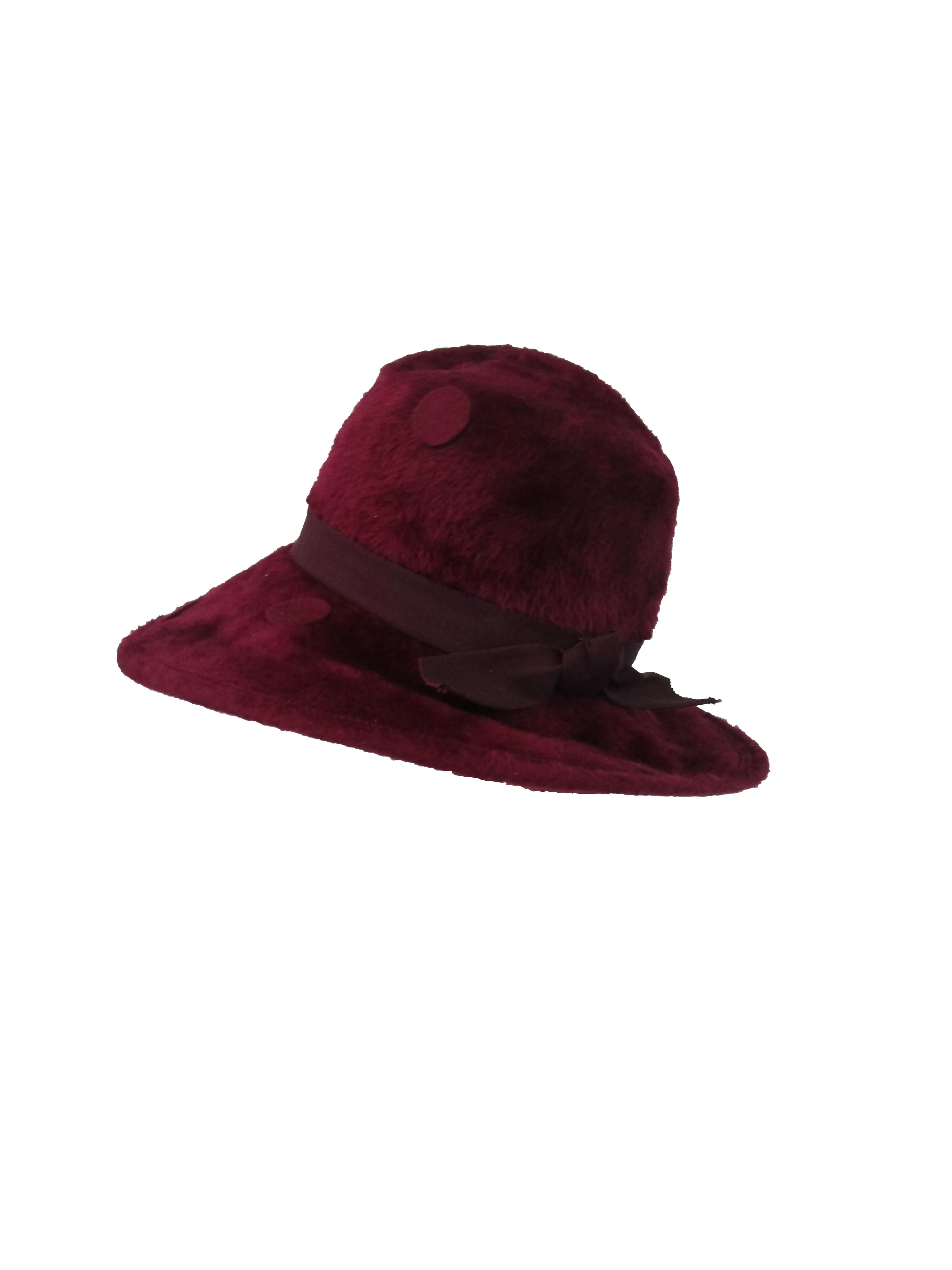 1970s Yves Saint Laurent Burgundy Faux Fur Hat with Grosgrain Band  In Excellent Condition For Sale In Houston, TX