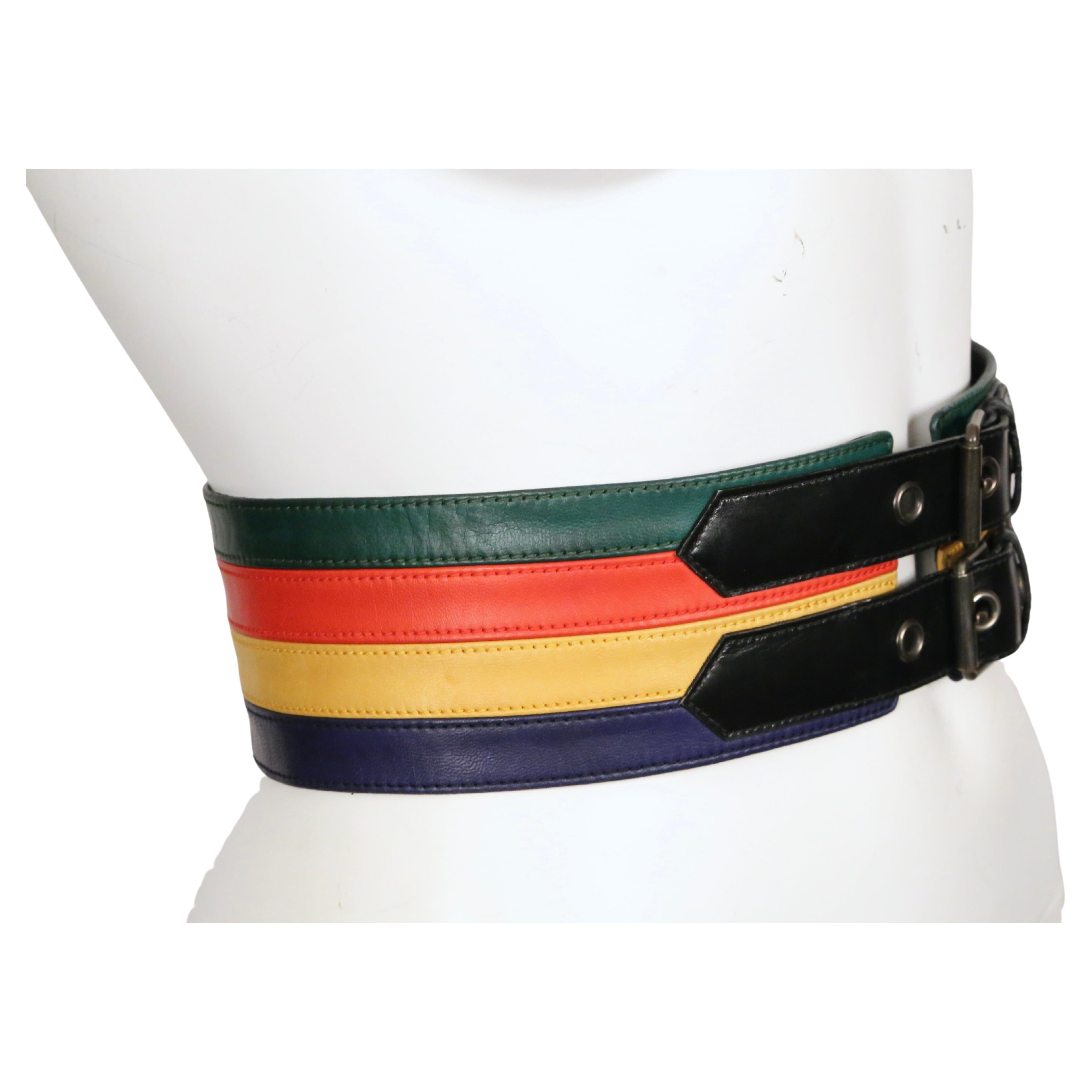 1970's YVES SAINT LAURENT colorful leather belt with black trim  In Good Condition For Sale In San Fransisco, CA