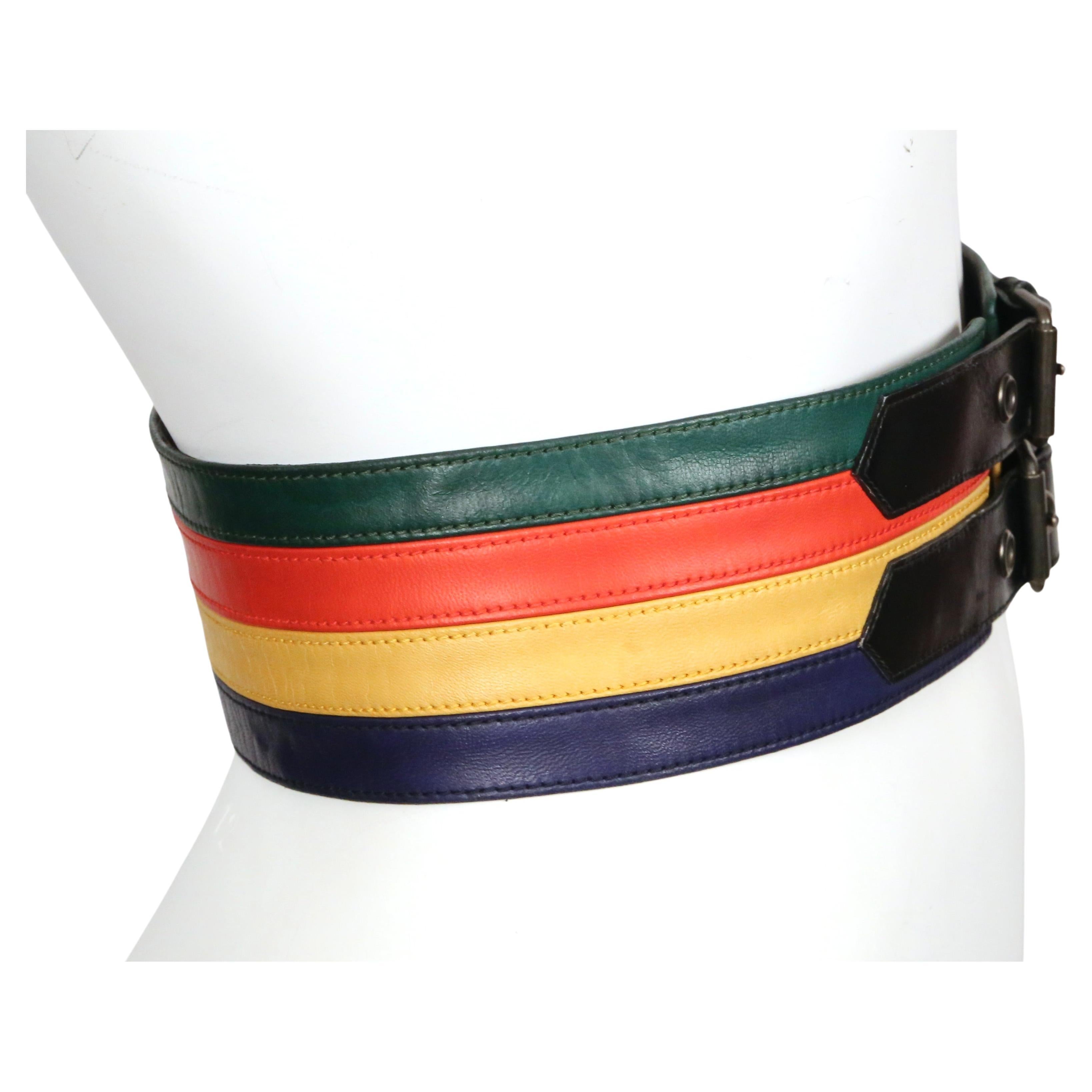Women's or Men's 1970's YVES SAINT LAURENT colorful leather belt with black trim  For Sale
