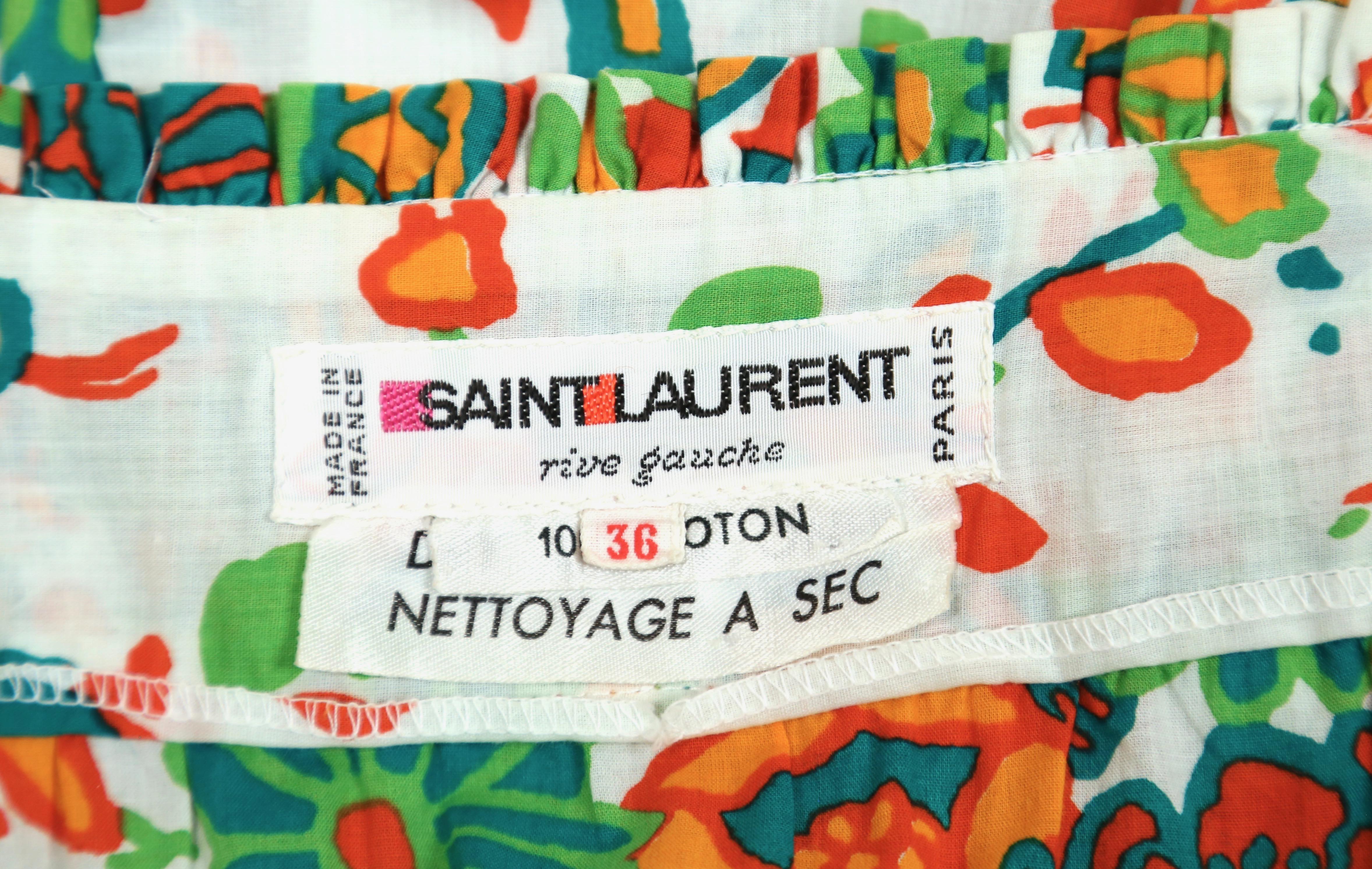 1970's YVES SAINT LAURENT cotton floral dress with embroidery & pleating In Excellent Condition In San Fransisco, CA