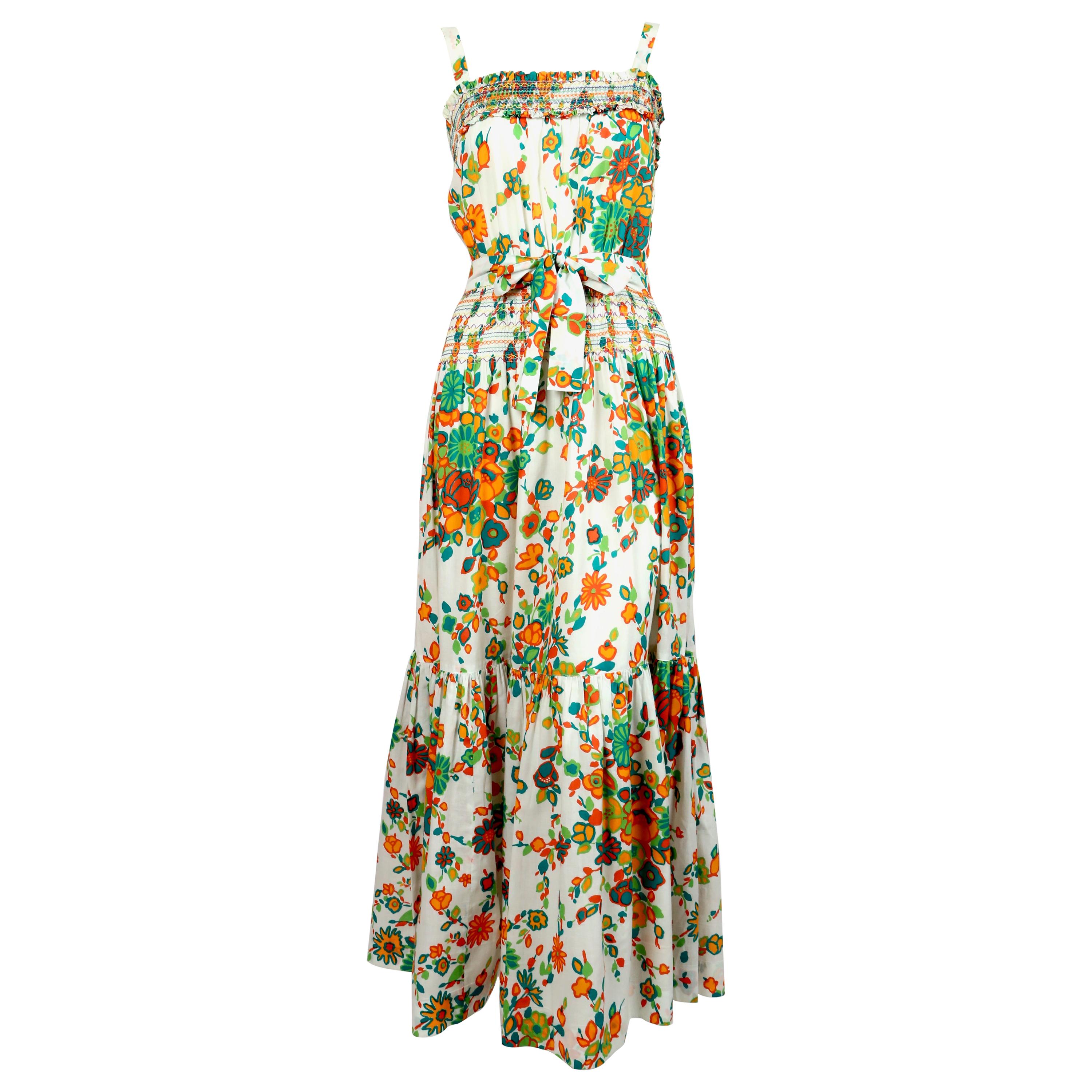 1970's YVES SAINT LAURENT cotton floral dress with embroidery & pleating