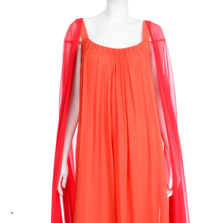 1970s Yves Saint Laurent Couture Orange and Red Silk Chiffon Evening Dress 6