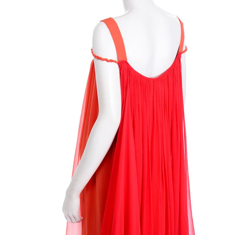 1970s Yves Saint Laurent Couture Orange and Red Silk Chiffon Evening Dress 8