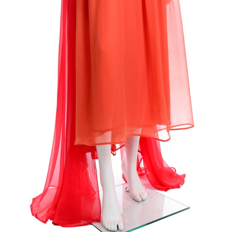 1970s Yves Saint Laurent Couture Orange and Red Silk Chiffon Evening Dress 10