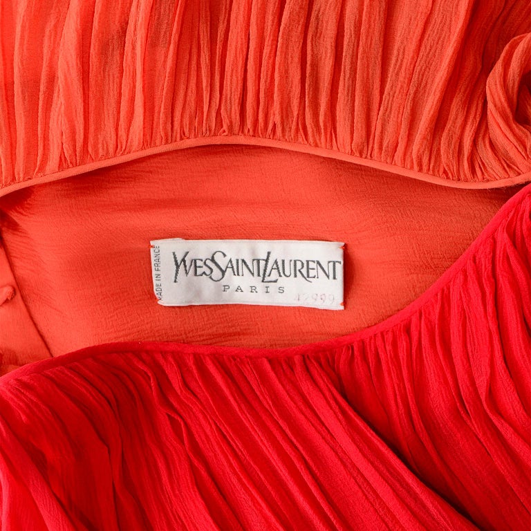 1970s Yves Saint Laurent Couture Orange and Red Silk Chiffon Evening Dress 12