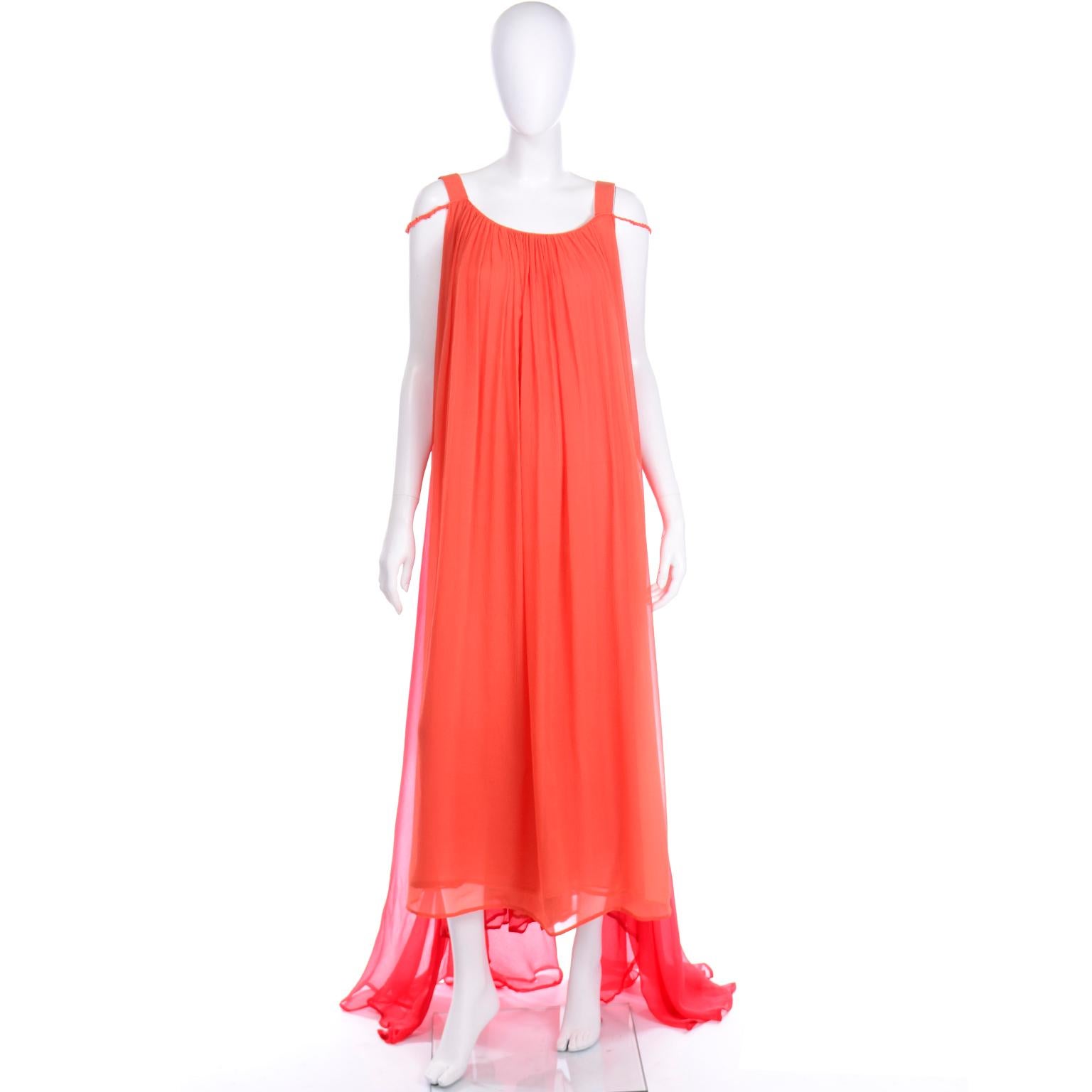 1970s Yves Saint Laurent Couture Orange and Red Silk Chiffon Evening Dress In Excellent Condition In Portland, OR
