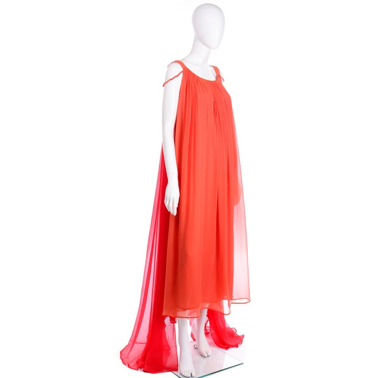 Women's 1970s Yves Saint Laurent Couture Orange and Red Silk Chiffon Evening Dress