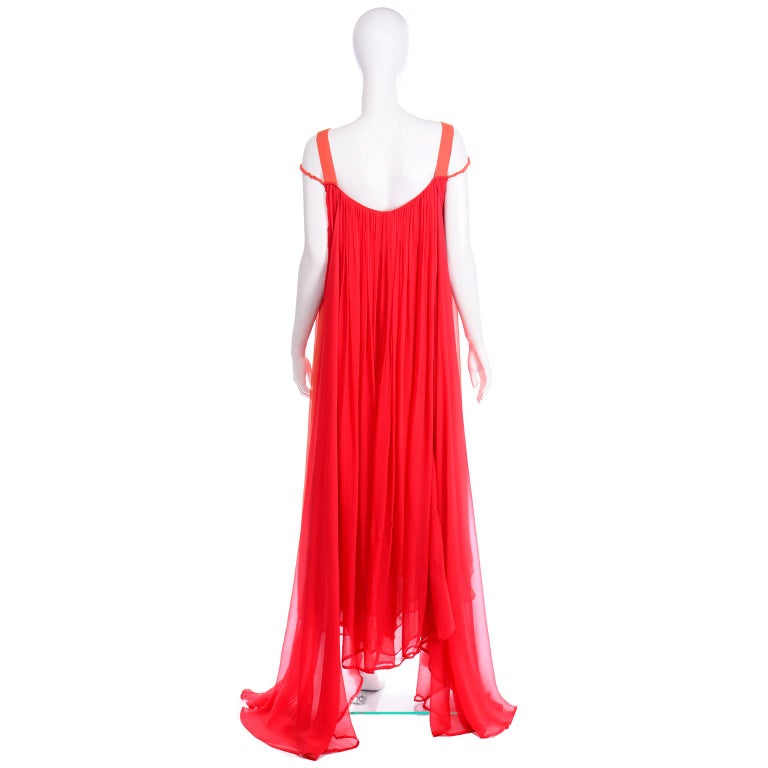 1970s Yves Saint Laurent Couture Orange and Red Silk Chiffon Evening Dress 2