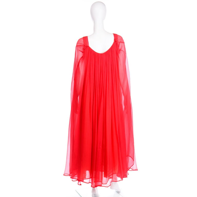 1970s Yves Saint Laurent Couture Orange and Red Silk Chiffon Evening Dress 3