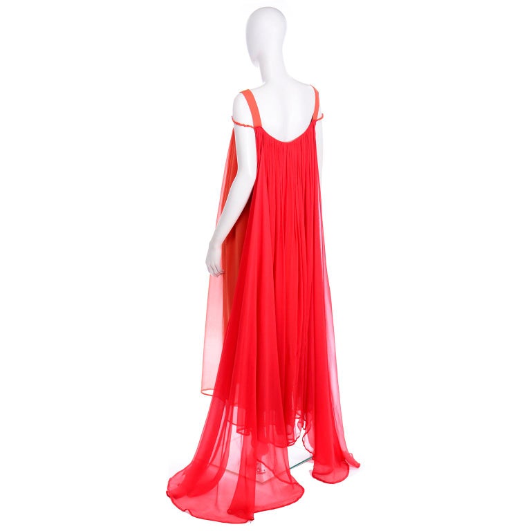 1970s Yves Saint Laurent Couture Orange and Red Silk Chiffon Evening Dress 4