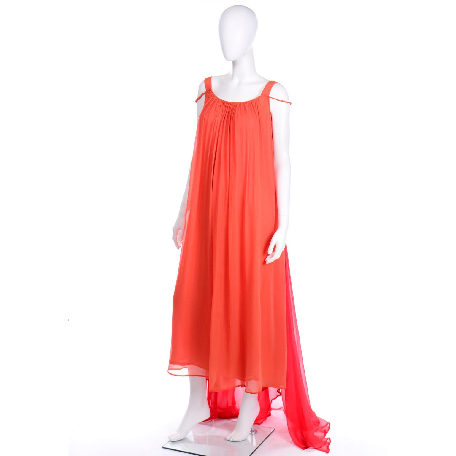 1970s Yves Saint Laurent Couture Orange and Red Silk Chiffon Evening Dress 5