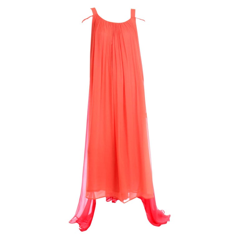 1970s Yves Saint Laurent Couture Orange and Red Silk Chiffon Evening Dress