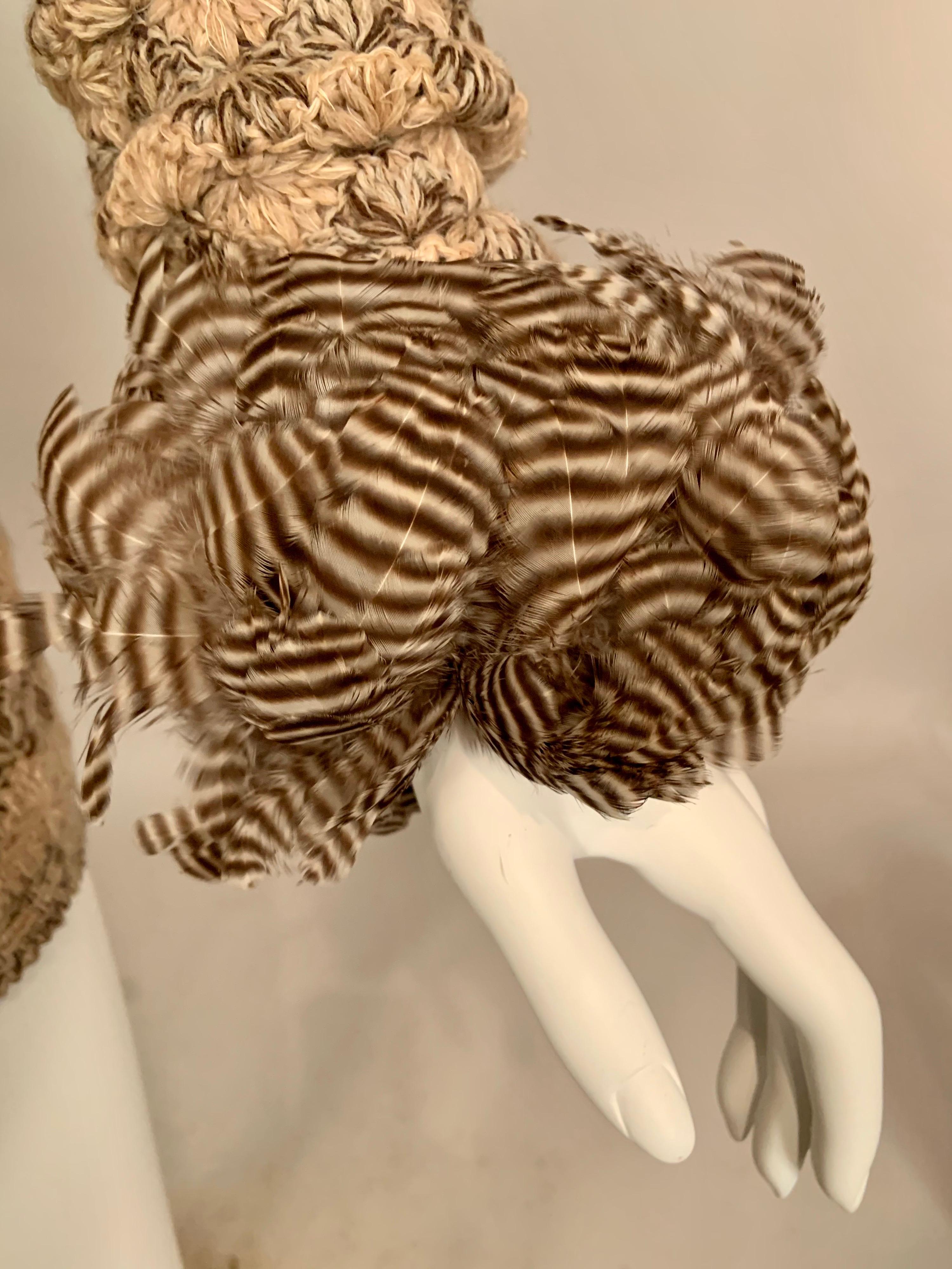Brown 1970's Yves Saint Laurent Crocheted Sweater with Feather Collar and Cuffs