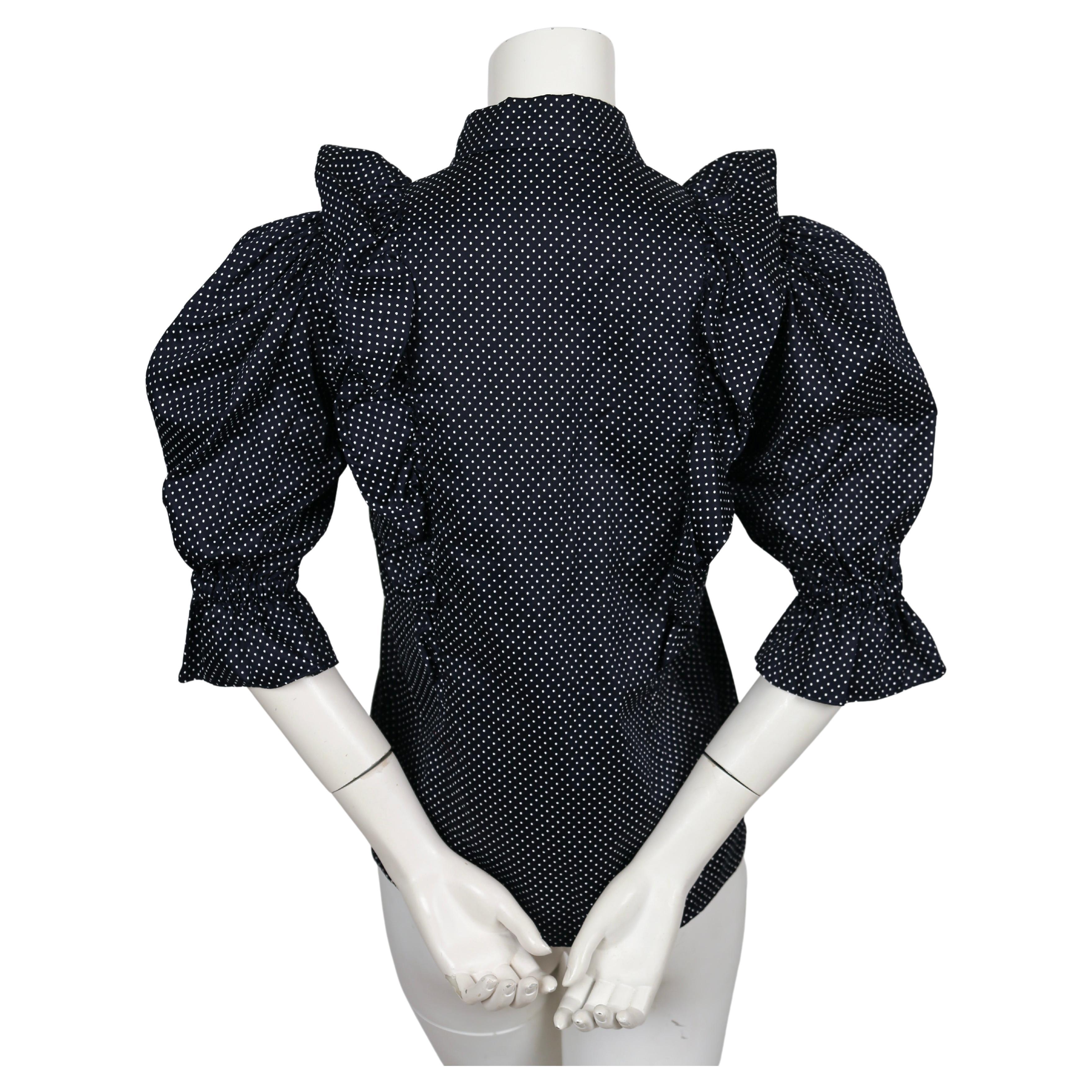 1970's YVES SAINT LAURENT deep navy blue silk blouse with flounced trim For Sale 3