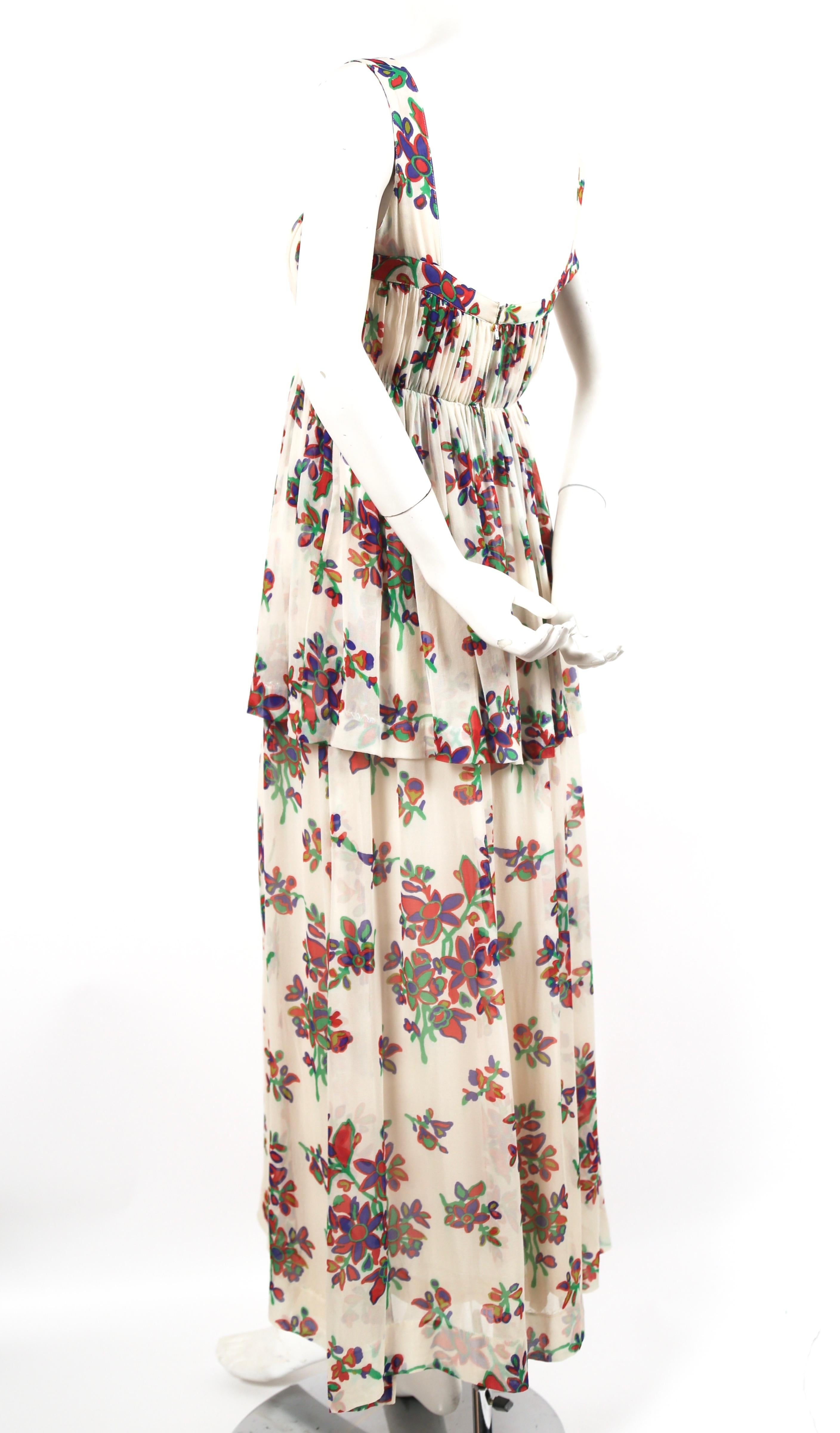 Beige 1970's YVES SAINT LAURENT floral printed silk chiffon maxi dress