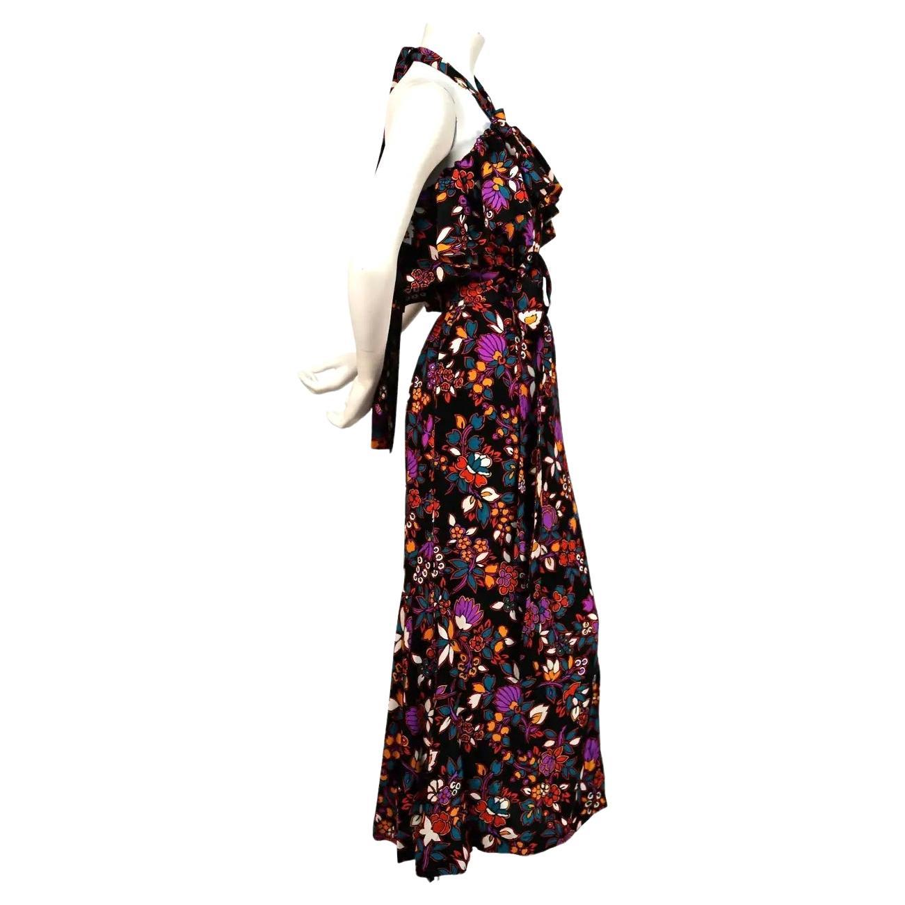 Black 1970's YVES SAINT LAURENT floral silk halter neck dress with flounce