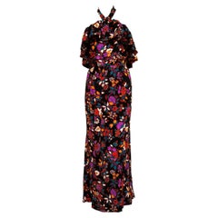 1970 YVES SAINT LAURENT vestido floral de seda con cuello halter y volante