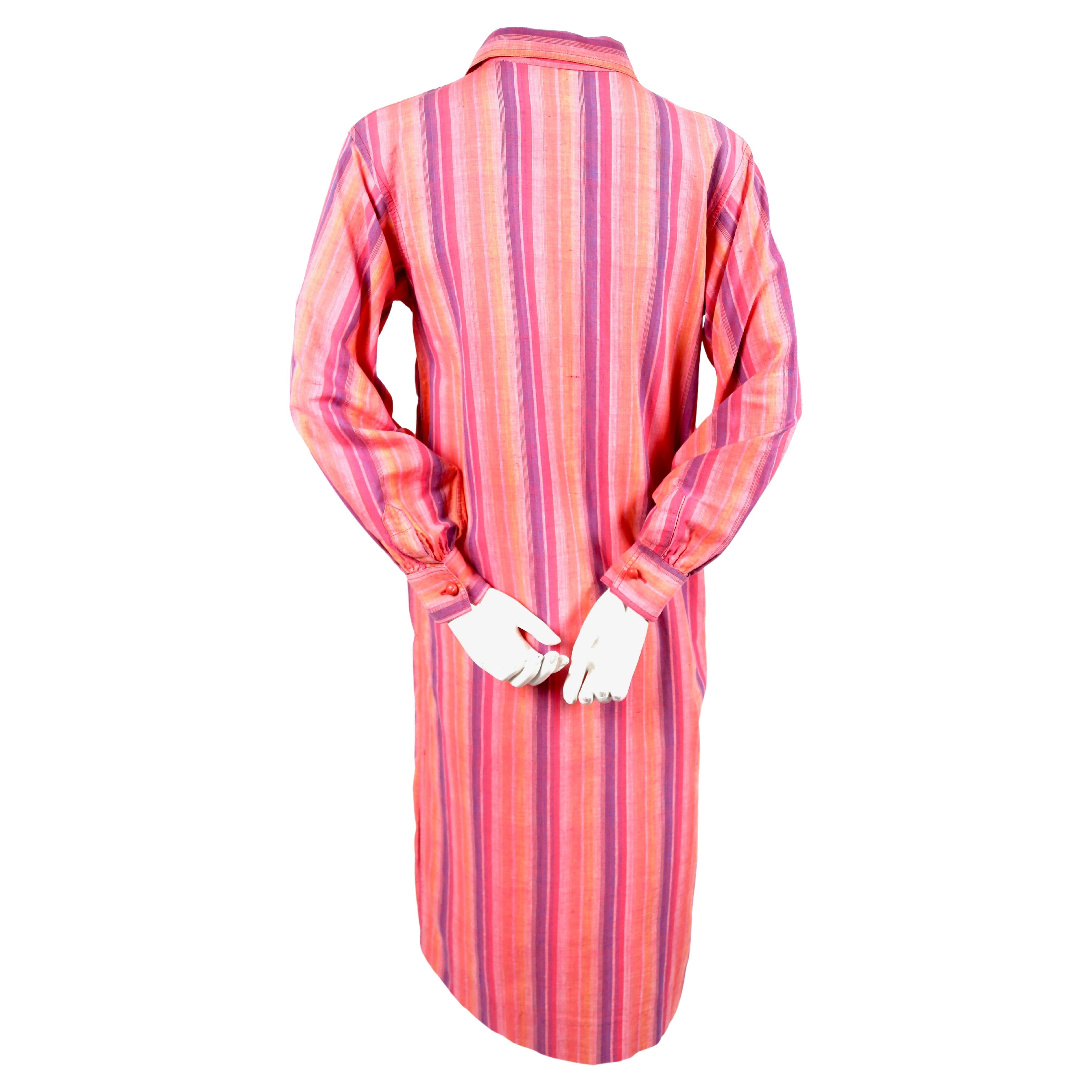 1970's YVES SAINT LAURENT fuchsia striped cotton dress In Good Condition In San Fransisco, CA