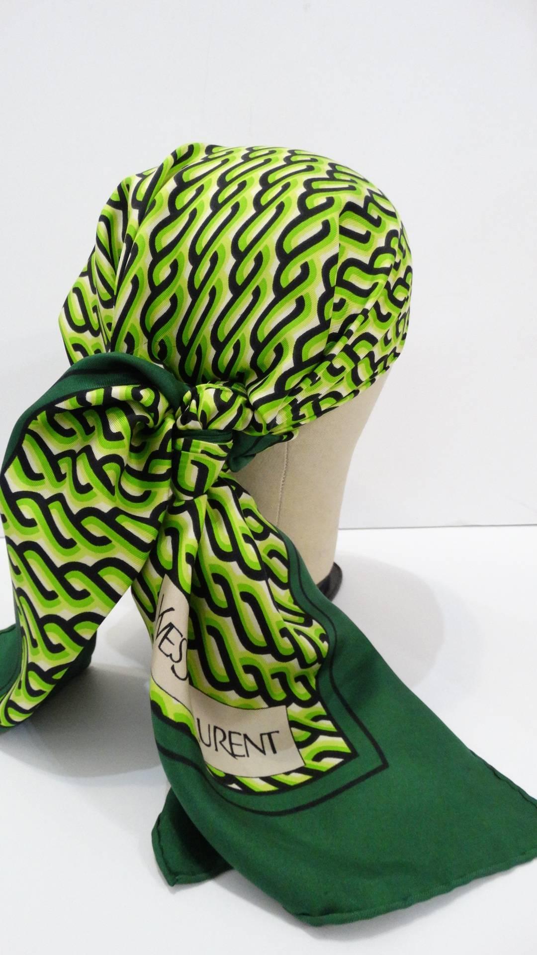 1970s Yves Saint Laurent Green Braid Pattern Scarf 5