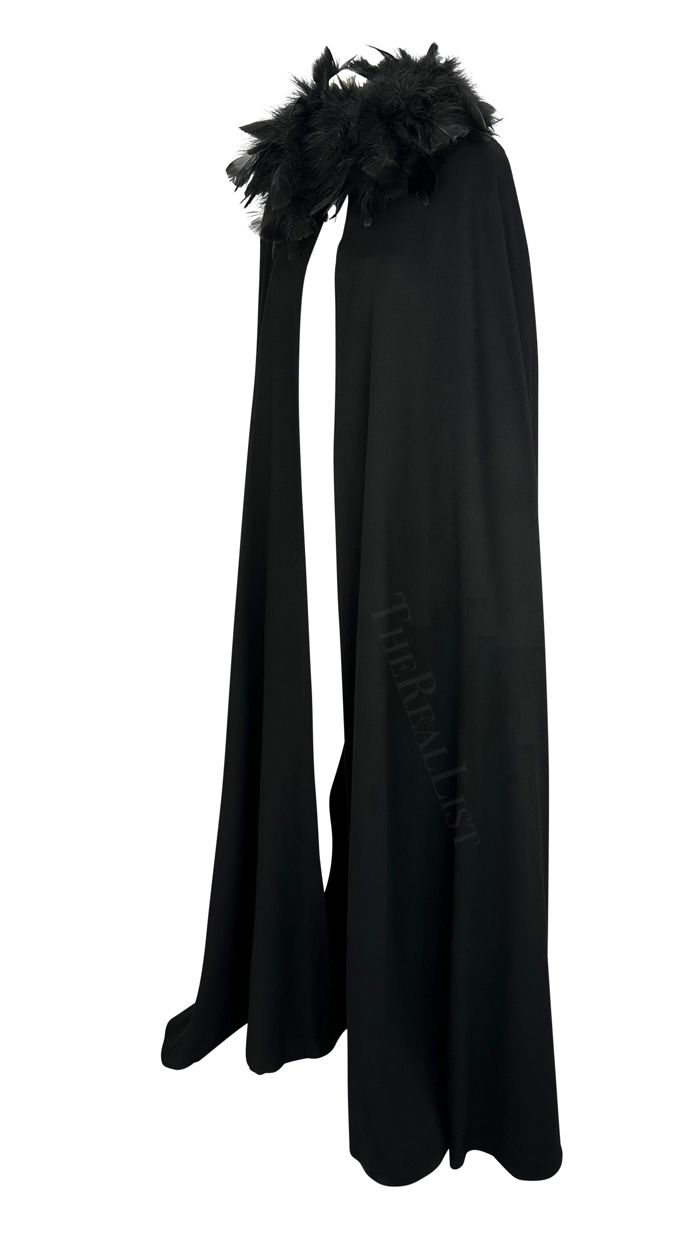 1970s Yves Saint Laurent Haute Couture Feather Trim Black Maxi Wool Cape In Good Condition For Sale In West Hollywood, CA