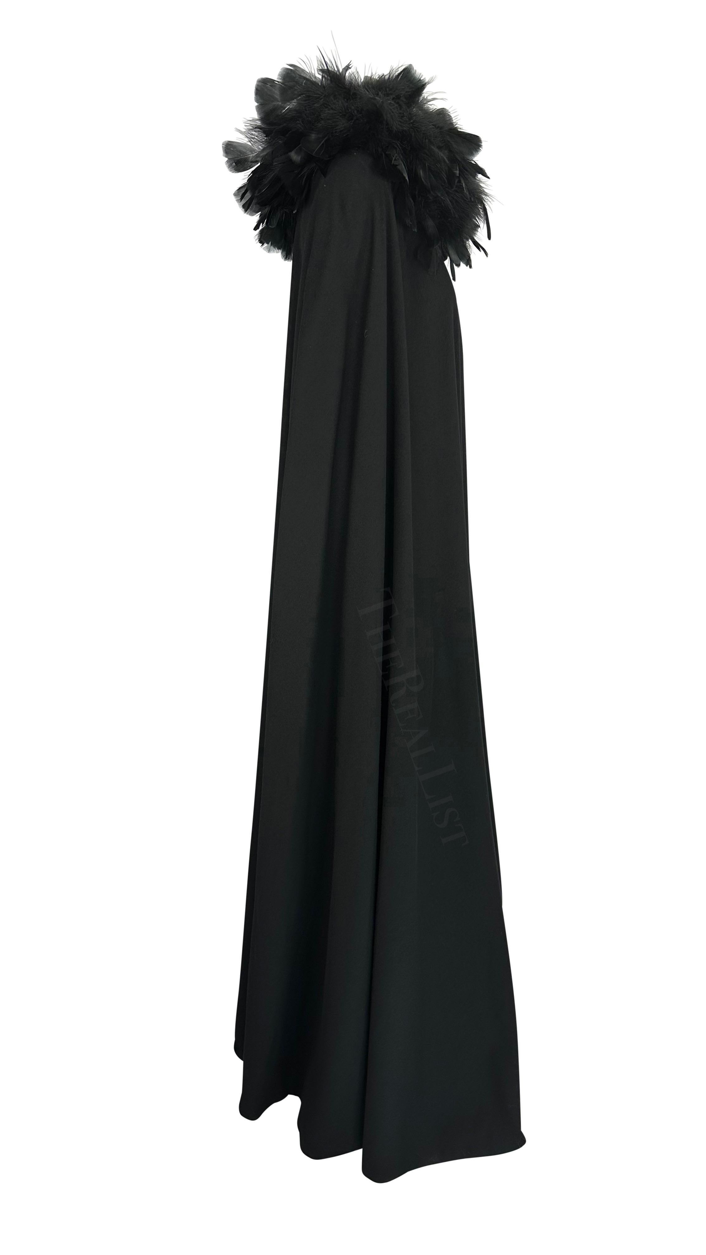 1970s Yves Saint Laurent Haute Couture Feather Trim Black Maxi Wool Cape For Sale 2