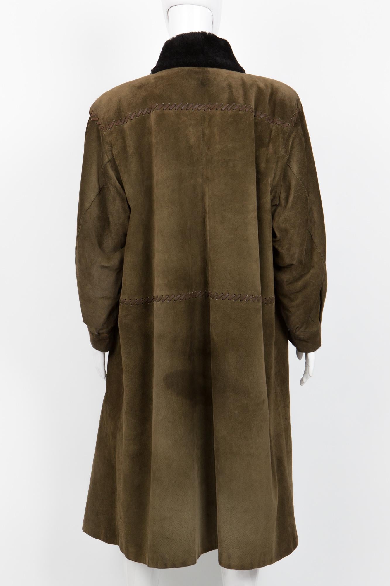 Black 1970s Yves Saint Laurent Kaki Green  Shearling Coat 