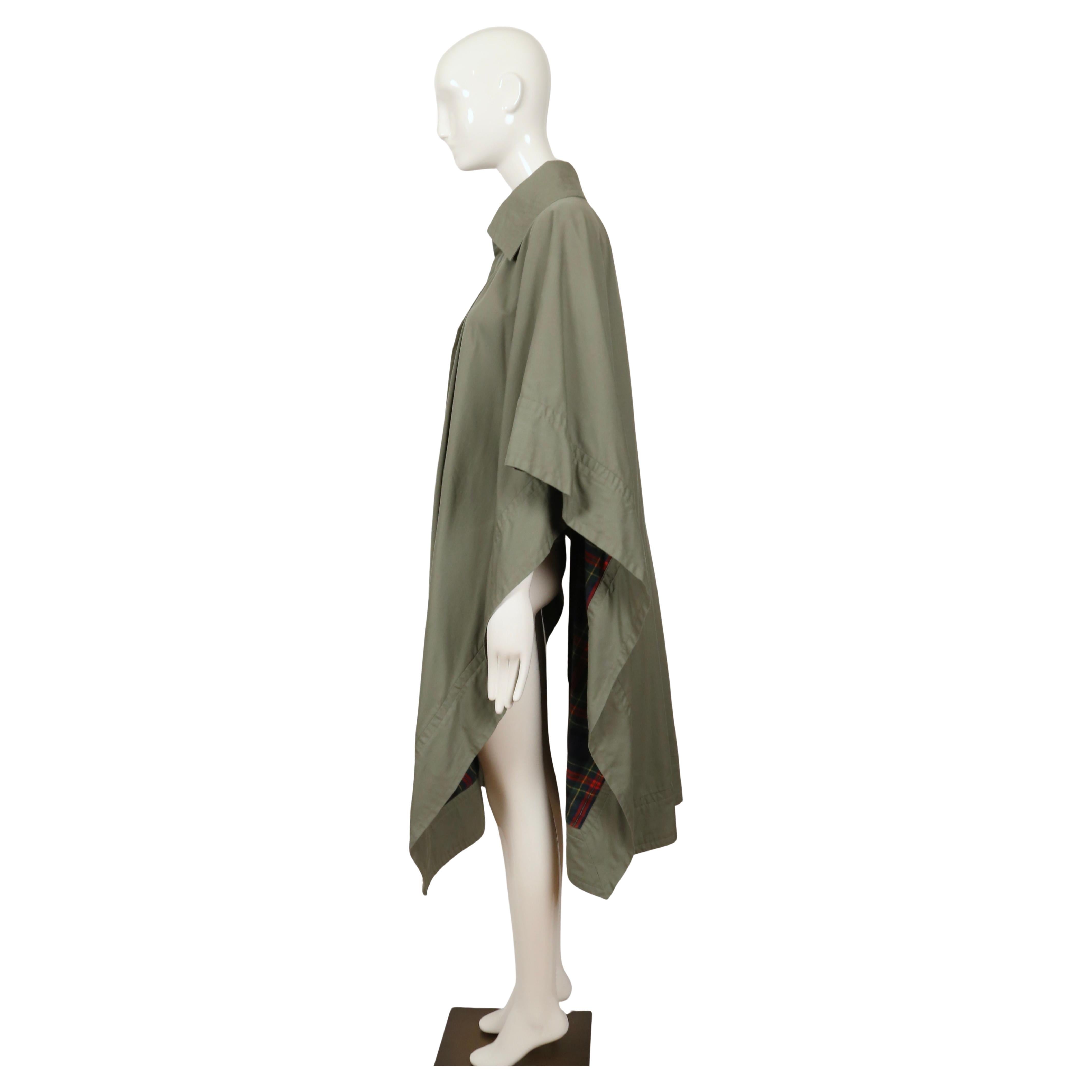 Women's or Men's 1970's YVES SAINT LAURENT khaki green cotton poplin cape with plaid lining For Sale