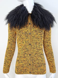 1970s Yves Saint Laurent Knit Cardigan Mongolian Fur Collar Soft Mohair 70s YSL