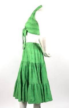 1970's YVES SAINT LAURENT lime green cotton seersucker crop top and tiered skirt