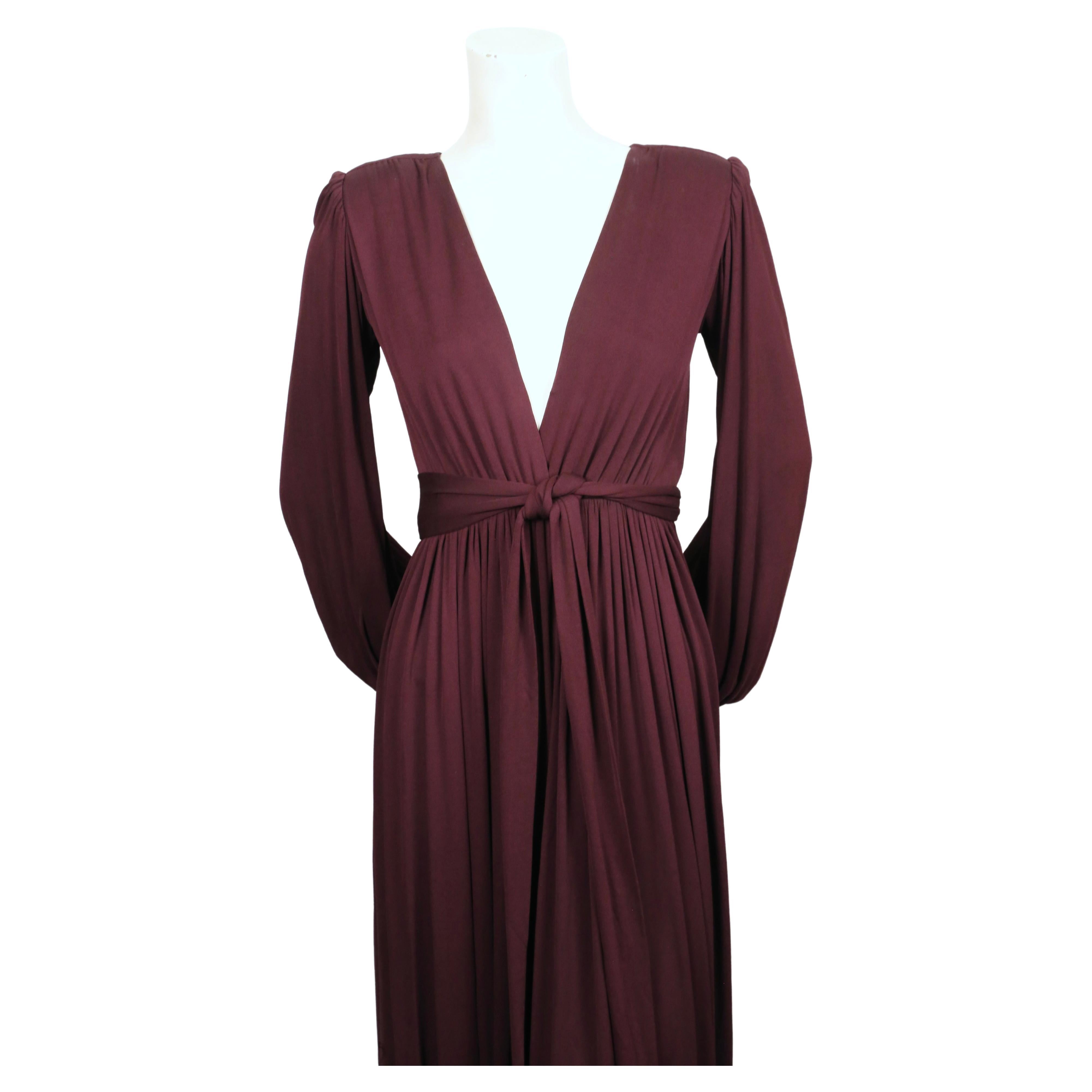 1970's YVES SAINT LAURENT long plum jersey gown with matching sash In Excellent Condition For Sale In San Fransisco, CA