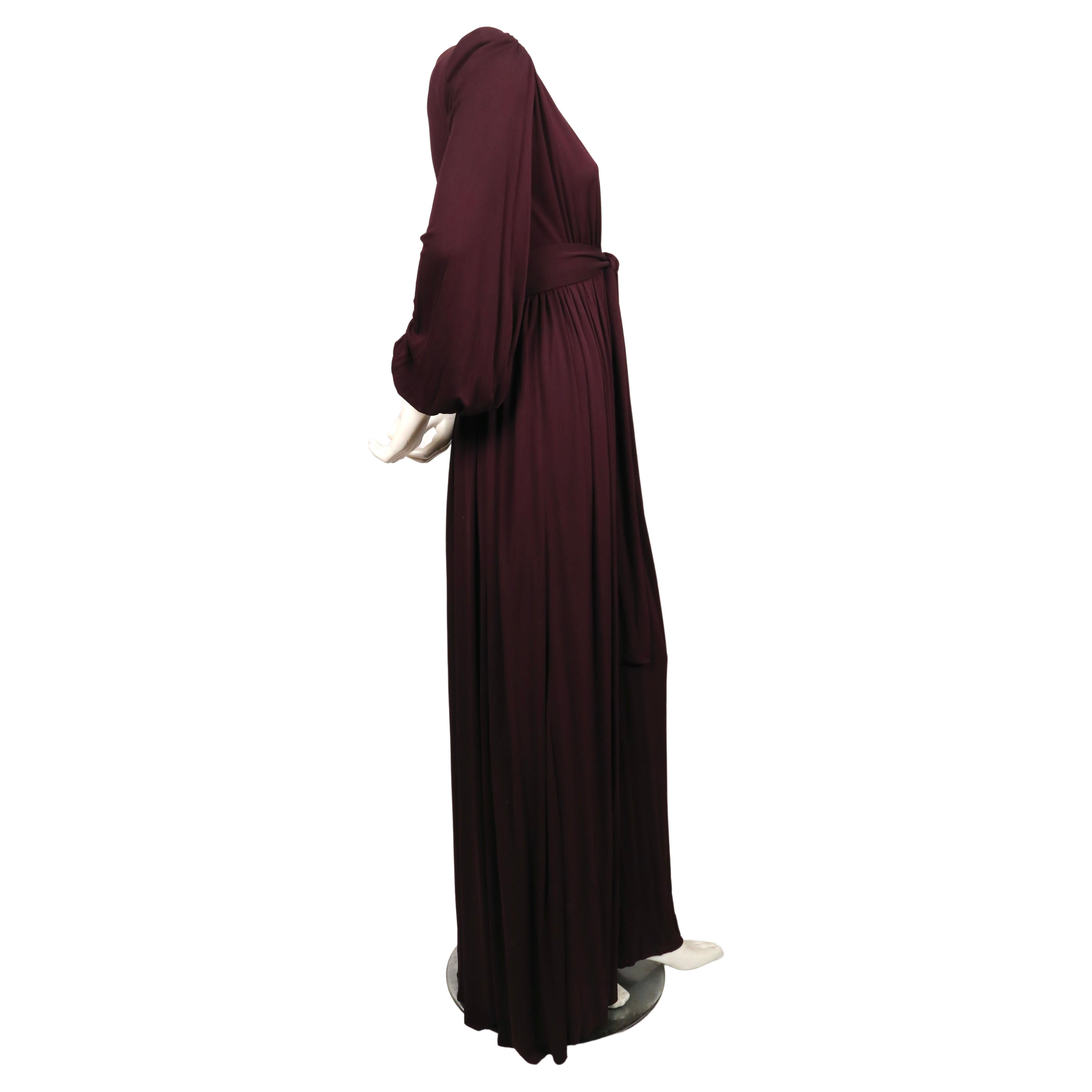 Women's 1970's YVES SAINT LAURENT long plum jersey gown with matching sash For Sale