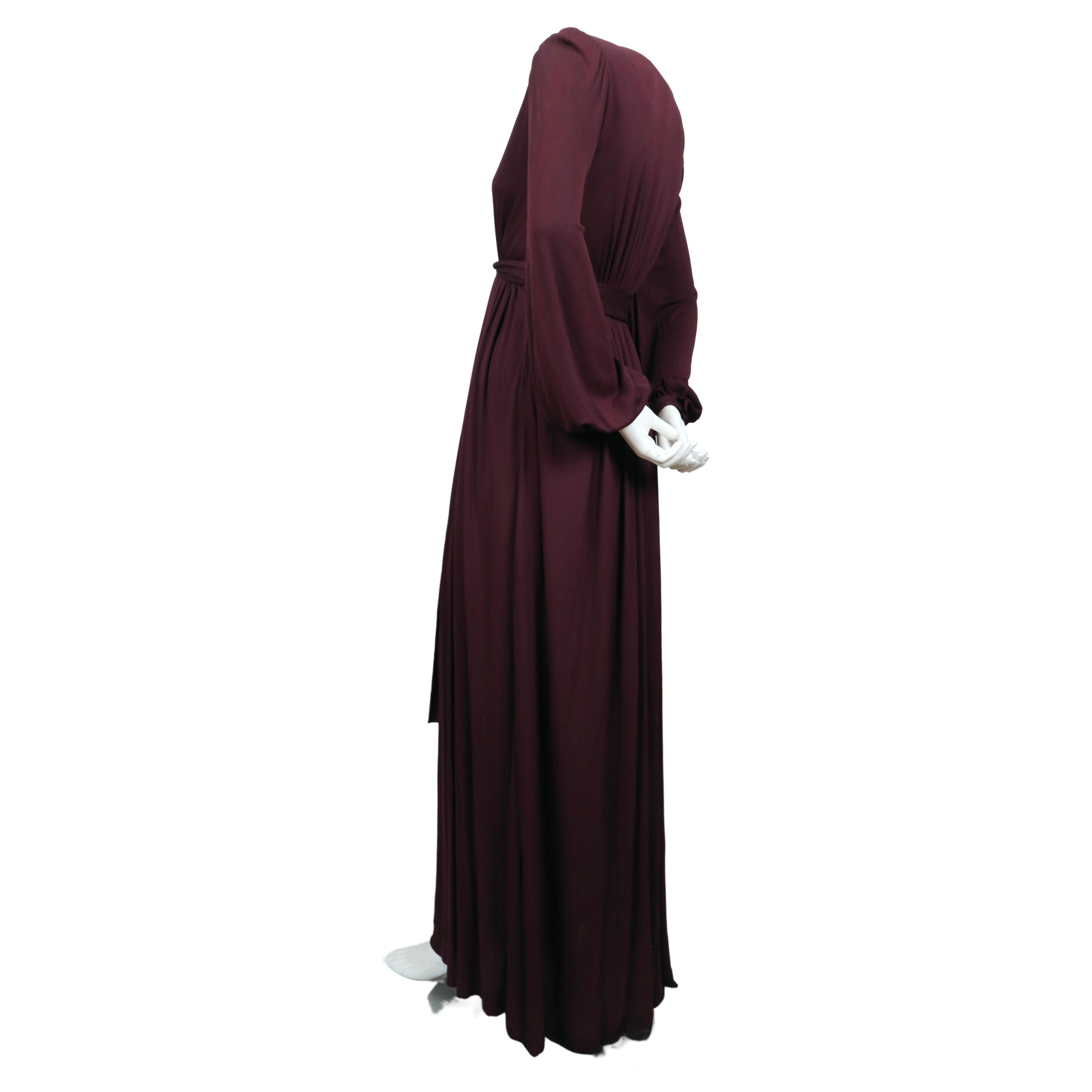 1970's YVES SAINT LAURENT long plum jersey gown with matching sash For Sale 1
