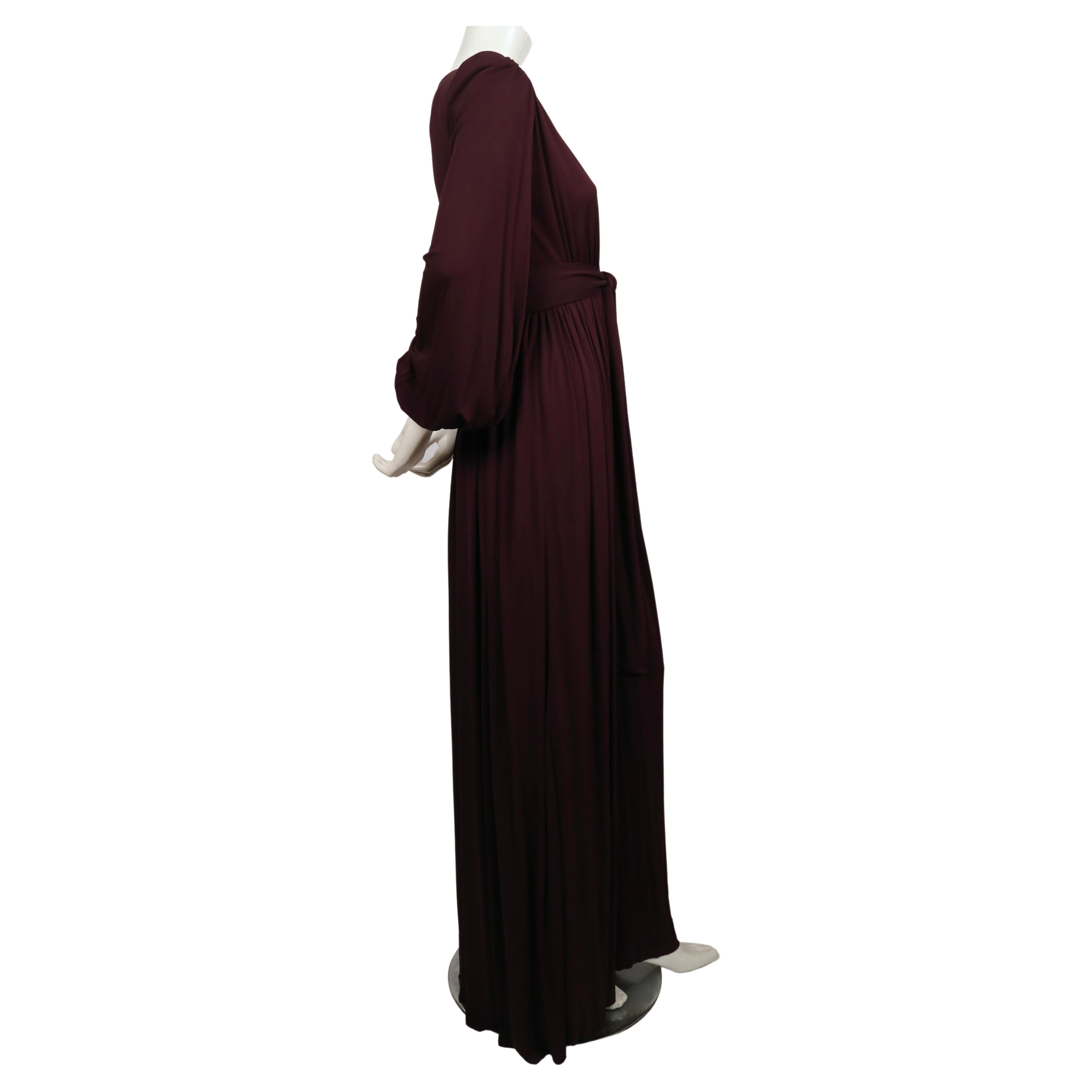 1970's YVES SAINT LAURENT long plum jersey gown with matching sash For Sale 2